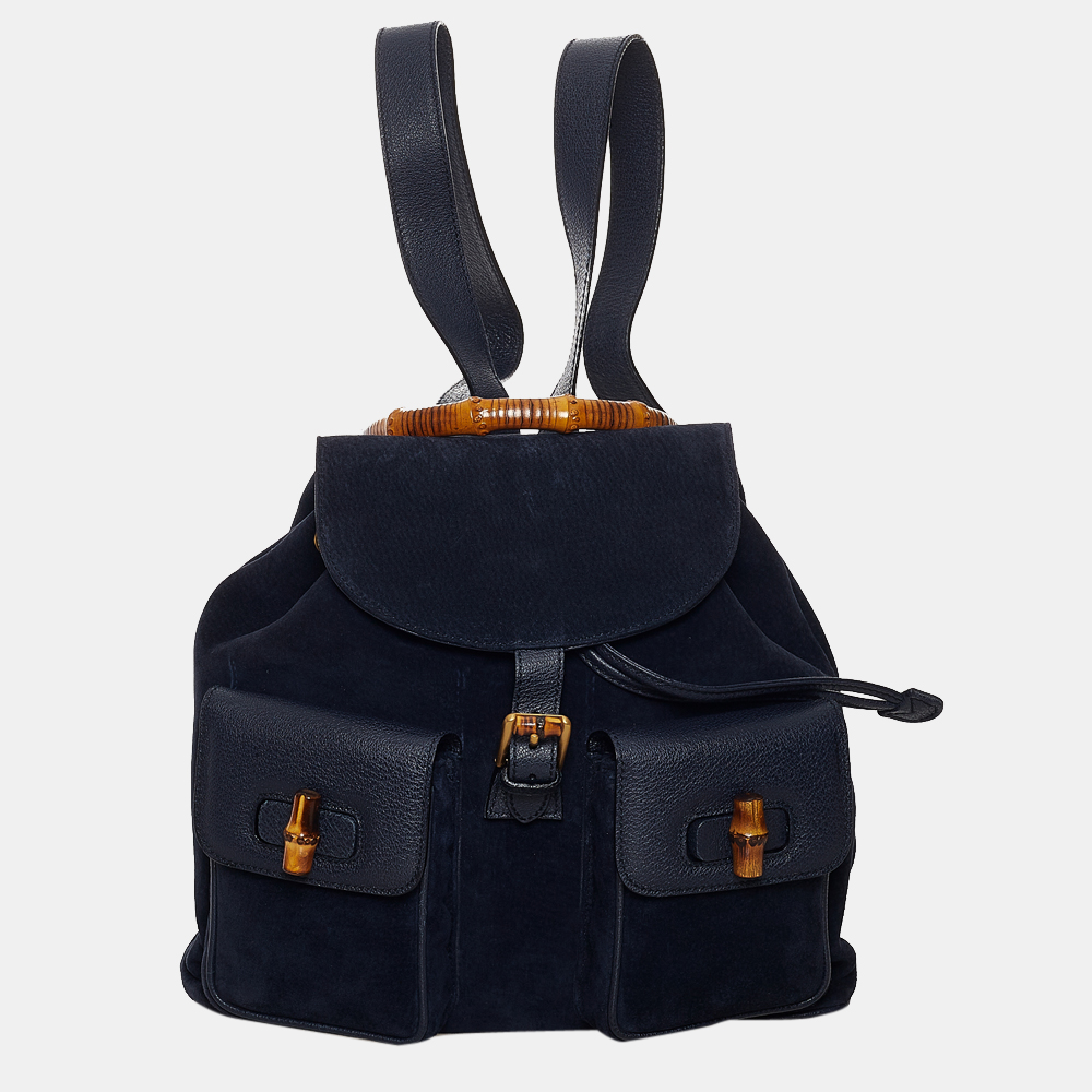 Pre Owned Gucci Blue Bamboo Suede Drawstring Backpack