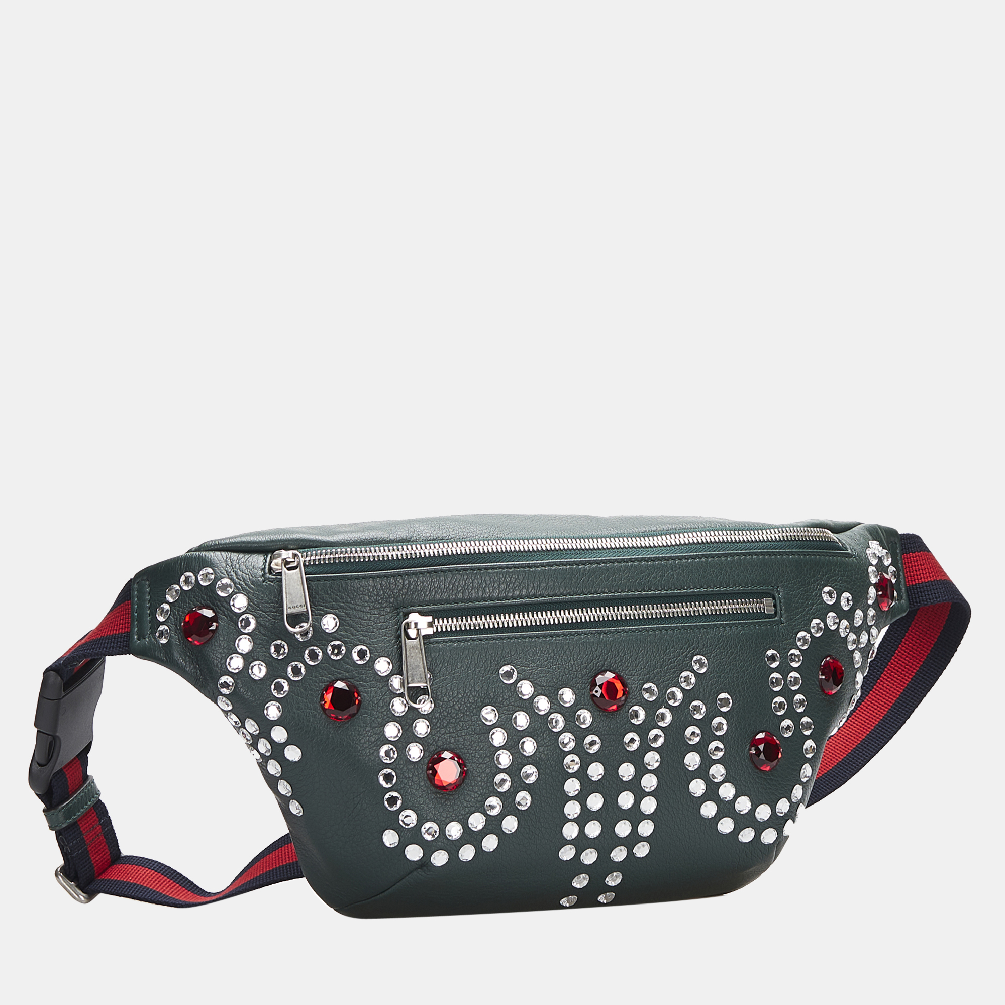 

Gucci Green Crystal Embellished Leather Web Belt Bag