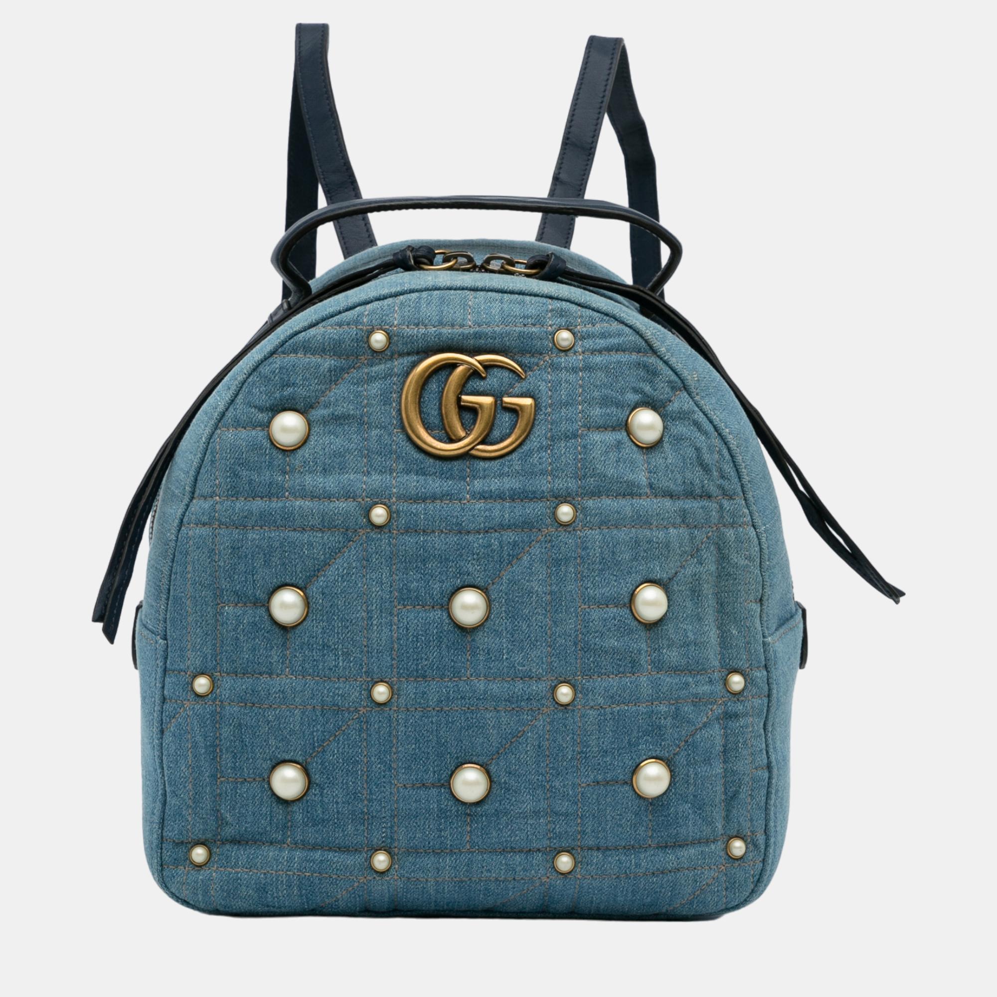 

Gucci Blue Small GG Marmont Pearl Denim Backpack