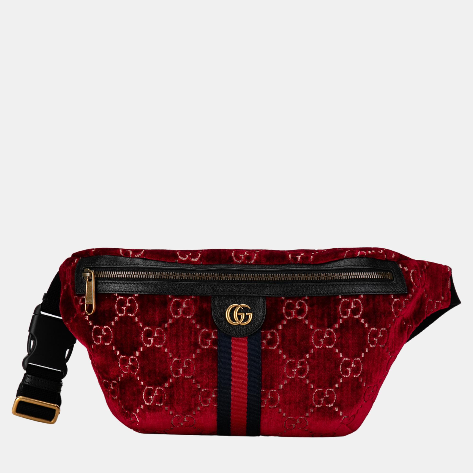 Pre-owned Gucci Red Gg Velvet Ophidia Belt Bag