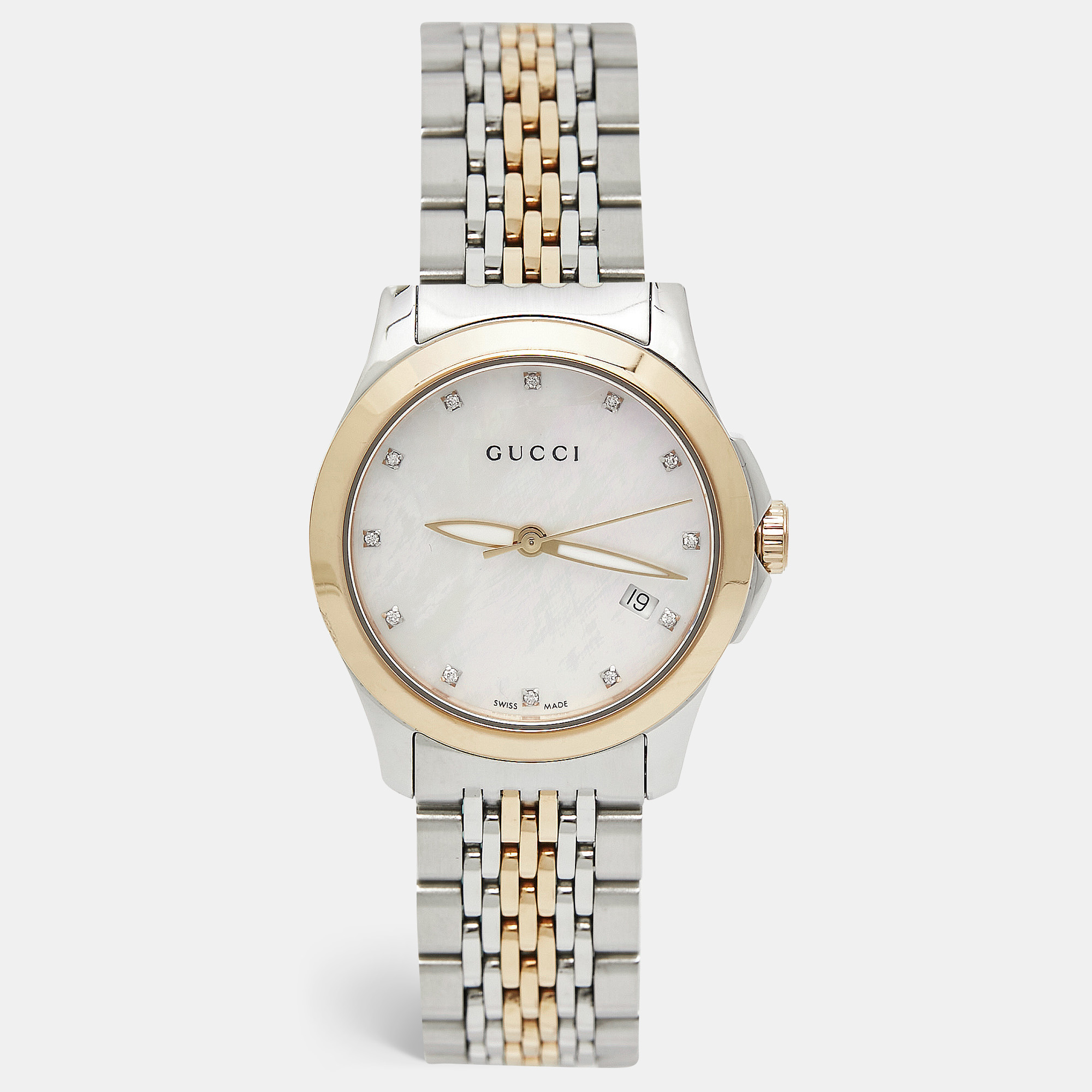 

Gucci Mother of Pearl Two-Tone Stainless Steel Diamonds G-Timeless YA126514 Women's Wristwatch, White