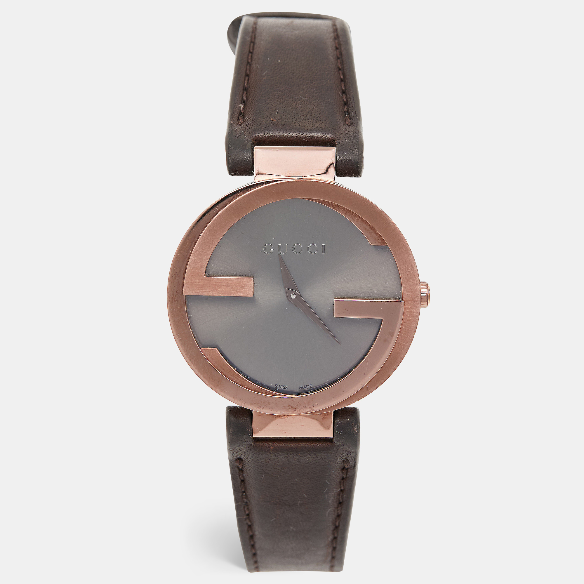 

Gucci Slate Brown PVD Stainless Steel Leather Interlocking G YA133309 Women's Wristwatch