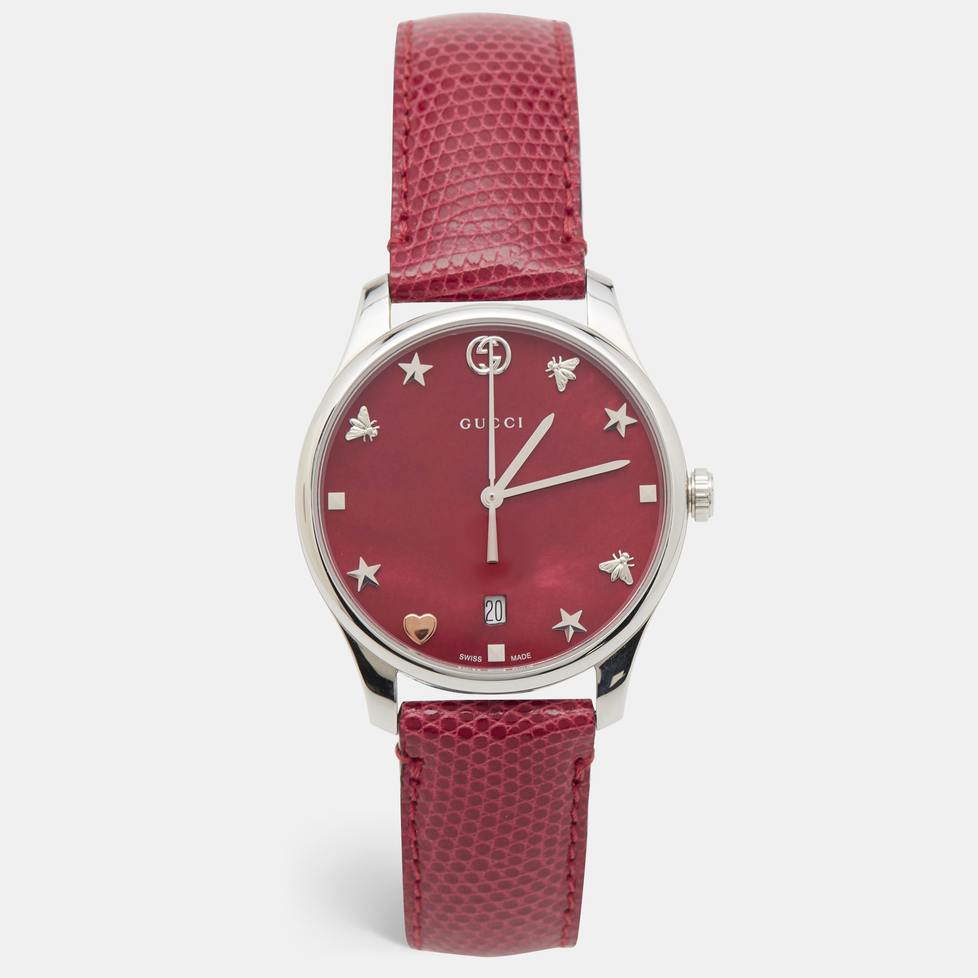 

Gucci Red Mother Of Pearl Stainless Steel Lizard Skin Leather G-Timeless