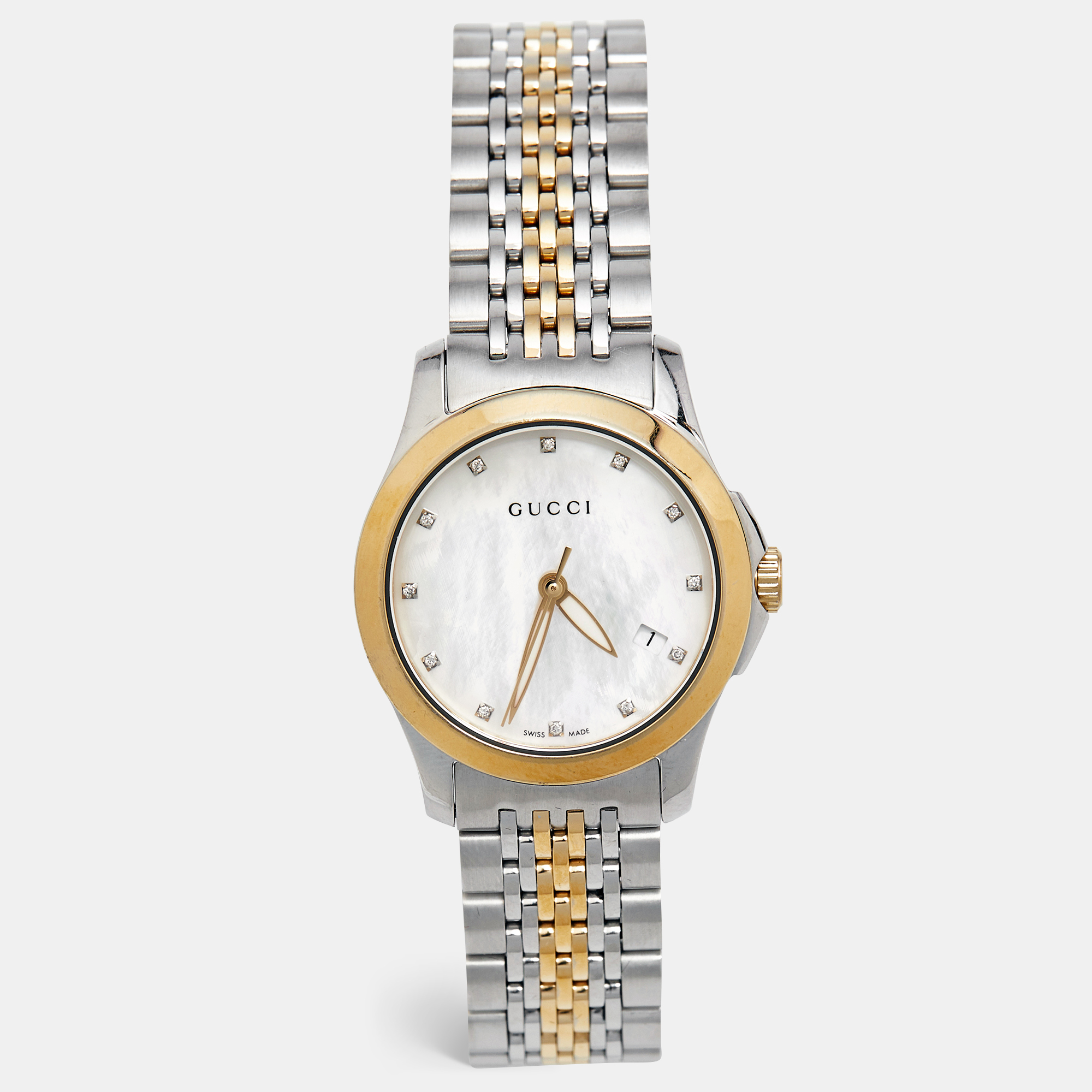 

Gucci Mother of Pearl Two-Tone Stainless Steel Diamonds G-Timeless YA126513 Women's Wristwatch, Silver