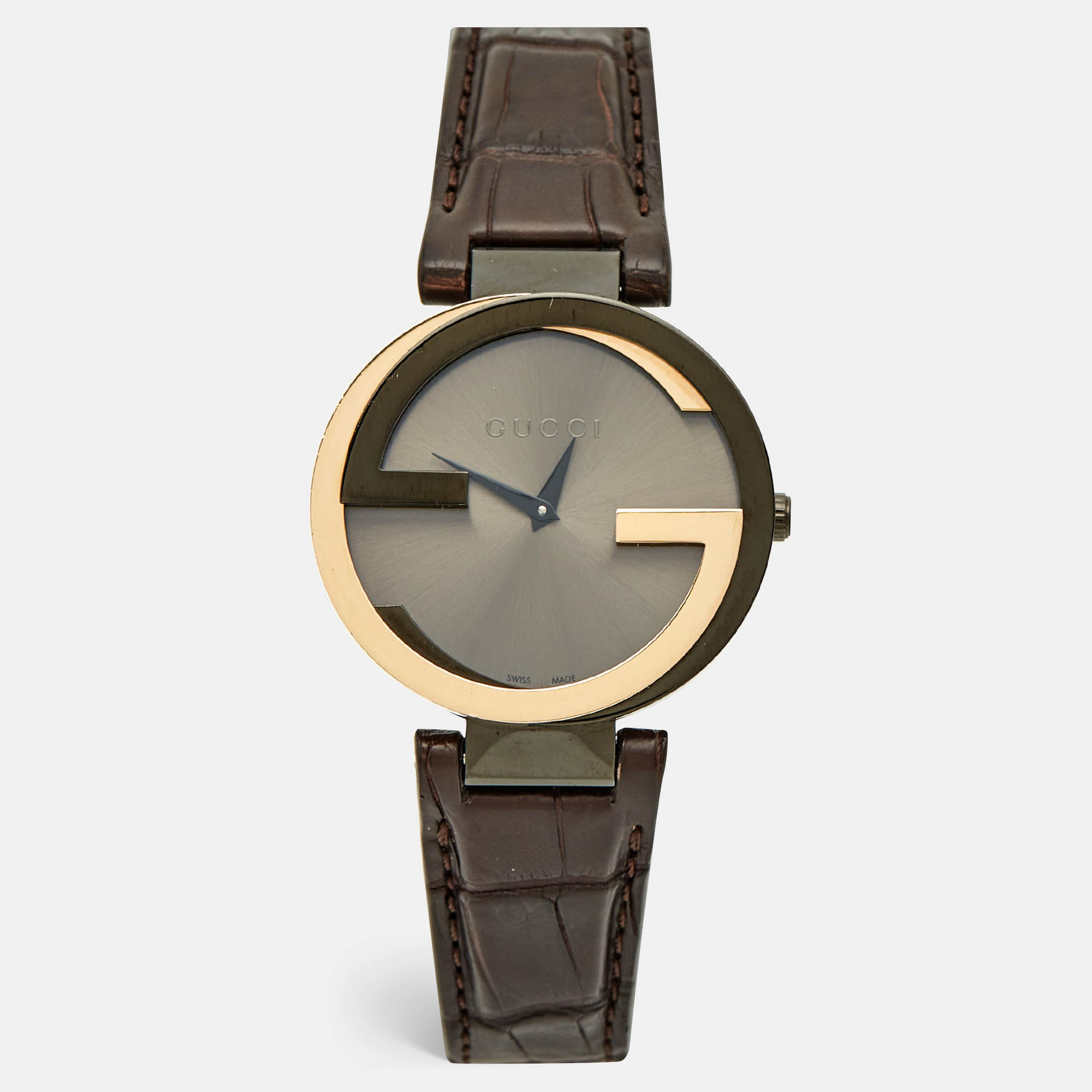 

Gucci Brown Two-Tone Stainless Steel Leather Interlocking G YA133304 Women's Wristwatch