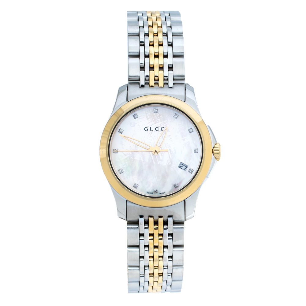 Gucci Mother of Pearl Two-Tone Stainless Steel Diamonds G-Timeless 126.5 Women's Wristwatch 27 mm