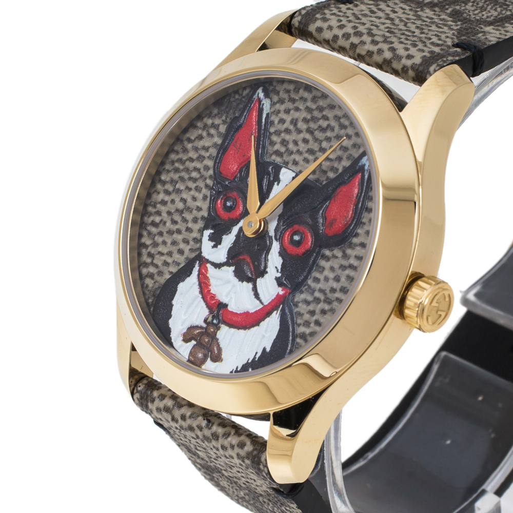 

Gucci Brown Dog Design Yellow Gold PVD Coated Stainless Steel G-Timeless Bosco & Orso