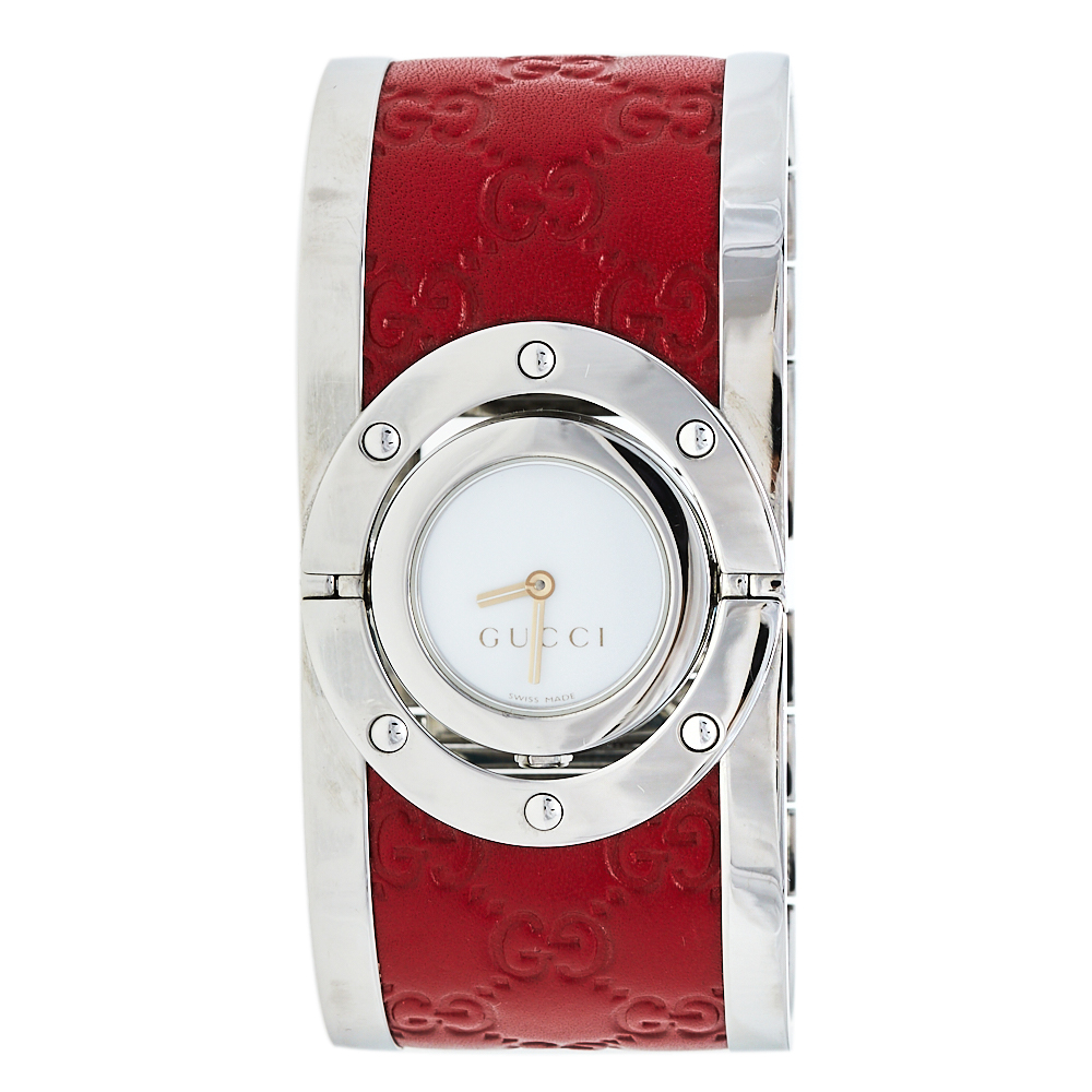 Pre-owned Gucci White Stainless Steel Leather Twirl Ya112435 Women's Wristwatch 23 Mm