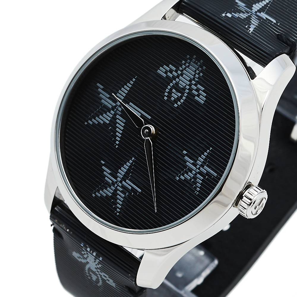 

Gucci Black Stainless Steel Bee & Star Print Leather G-Timeless YA1264105 Women's Wristwatch