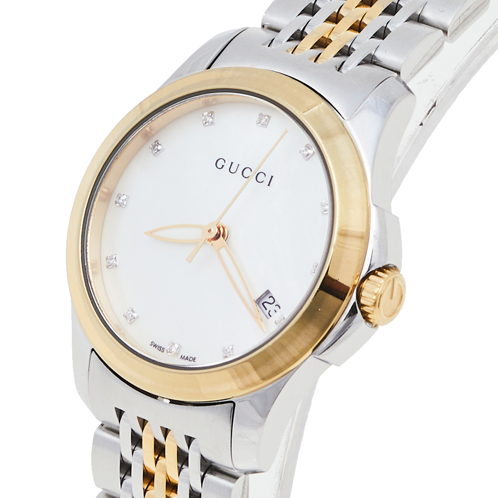 

Gucci Mother Of Pearl Two-Tone Stainless Steel Diamond G-Timeless YA126513 Women's Wristwatch, White