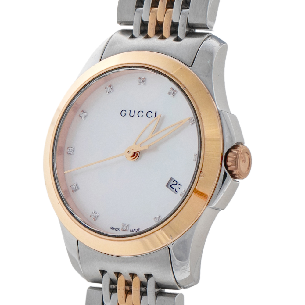 

Gucci Mother of Pearl Two-Tone Stainless Steel Diamonds G-Timeless YA126514 Women's Wristwatch, White