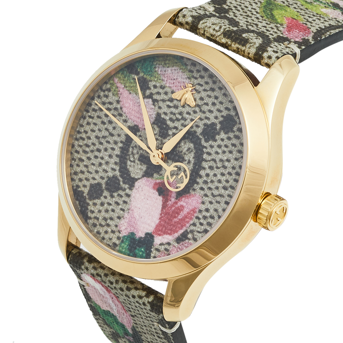 

Gucci Pink Blooms Print Gold Plated Stainless Leather Steel G-Timeless, Multicolor