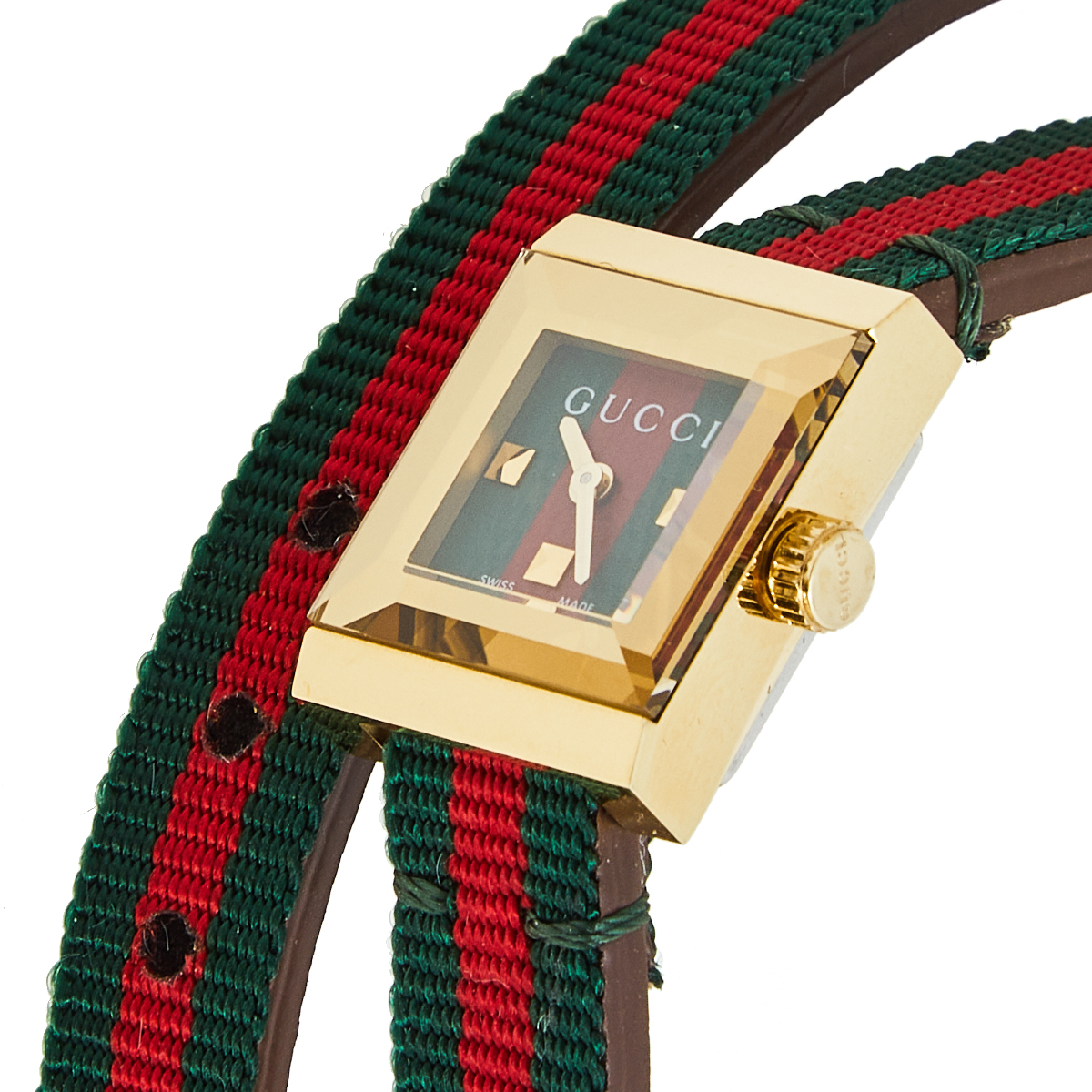 

Gucci Green Red Yellow Gold Plated Stainless Steel Leather G-Frame, Multicolor