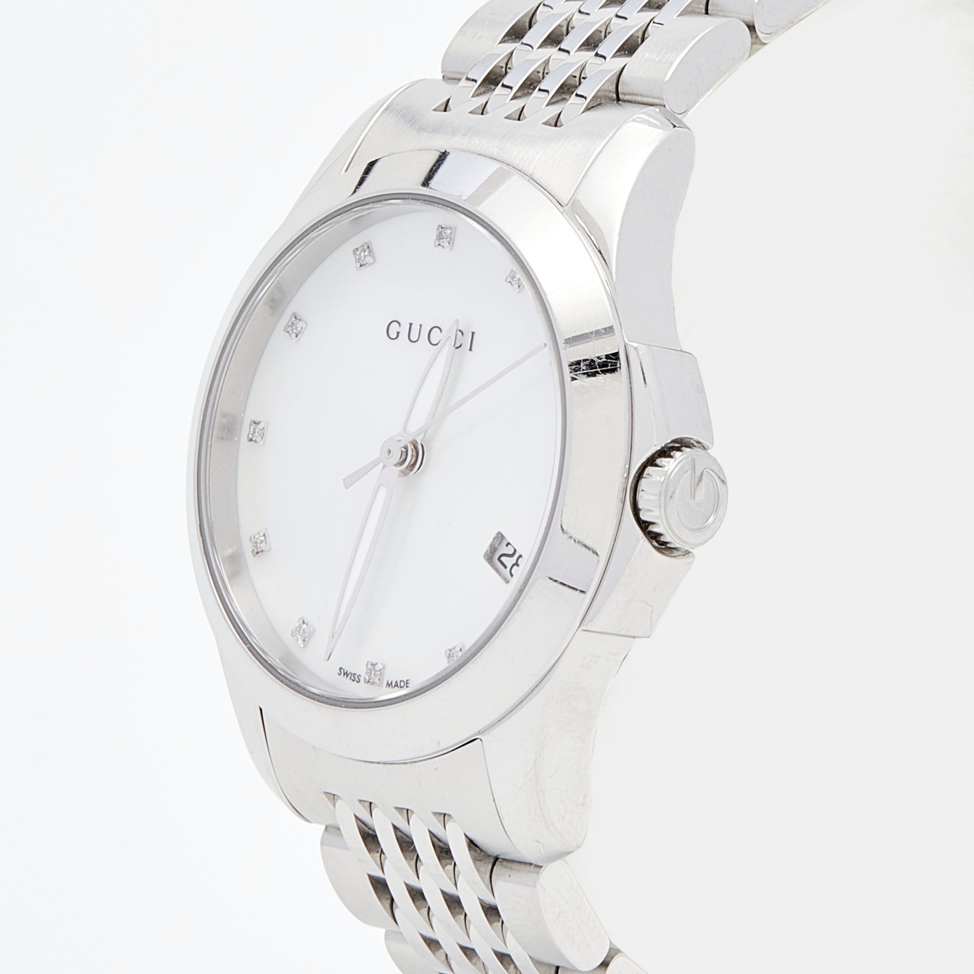 

Gucci Mother Of Pearl Stainless Steel Diamond G-Timeless YA126504 Women's Wristwatch, White