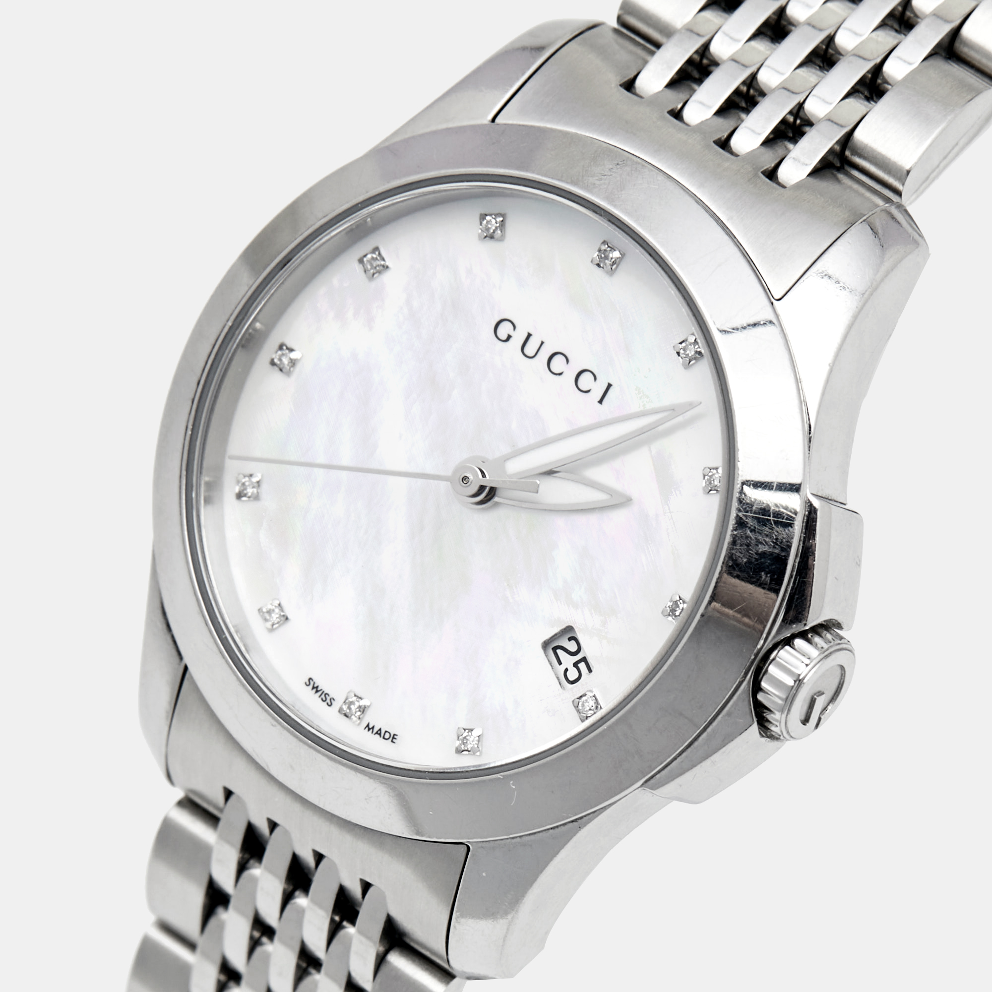 

Gucci Mother Of Pearl Stainless Steel Diamond G-Timeless YA126504 Women's Wristwatch, White