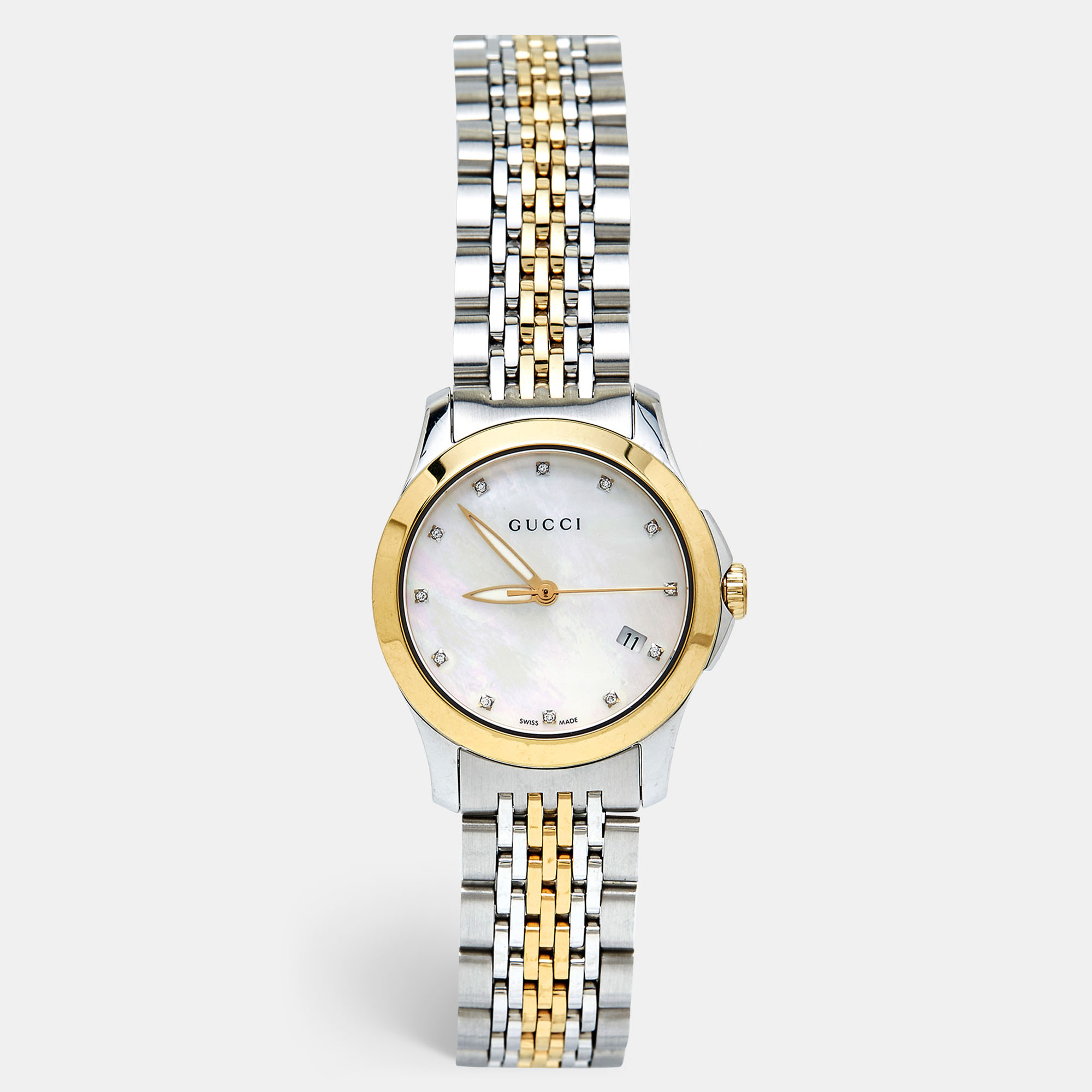 Pre Owned Gucci Mother of Pearl Diamond Two Tone Stainless Steel G-Timeless YA126513  Women's Wristwatch 27 mm