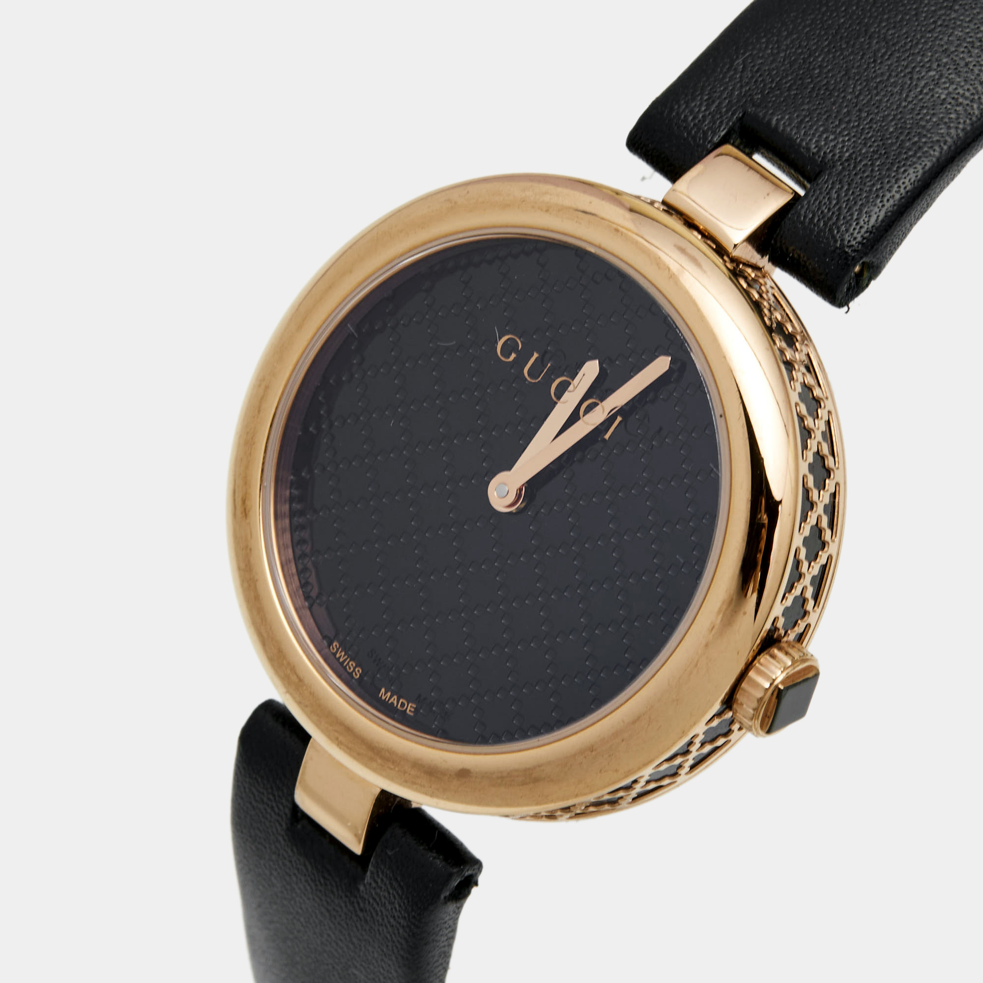 

Gucci Black Rose Gold Plated Stainless Steel Leather Diamantissima YA141401 Women's Wristwatch