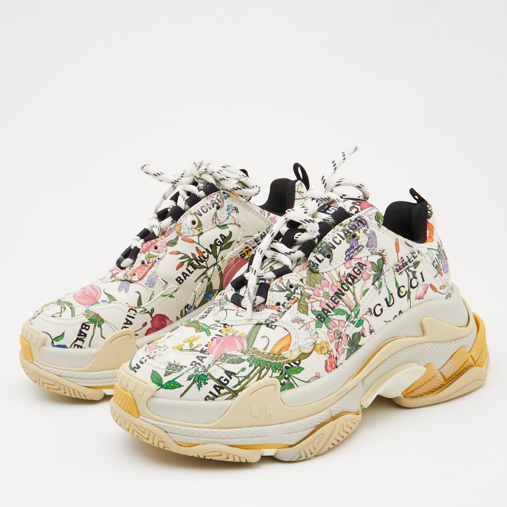

Gucci x Balenciaga Cream Floral Print Leather The Hacker Project Triple S Sneakers Size