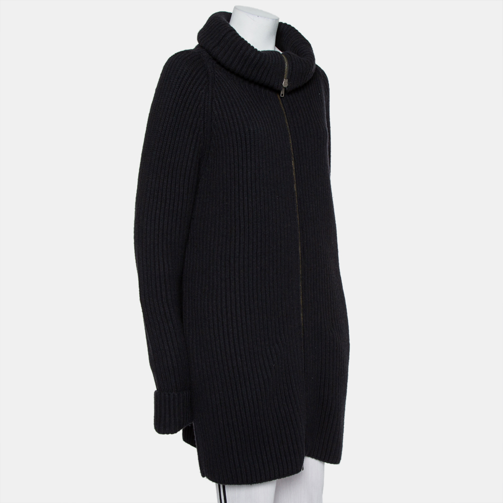 

Haider Ackermann Black Wool Knit Collared Zip Front Oversized Long Cardigan