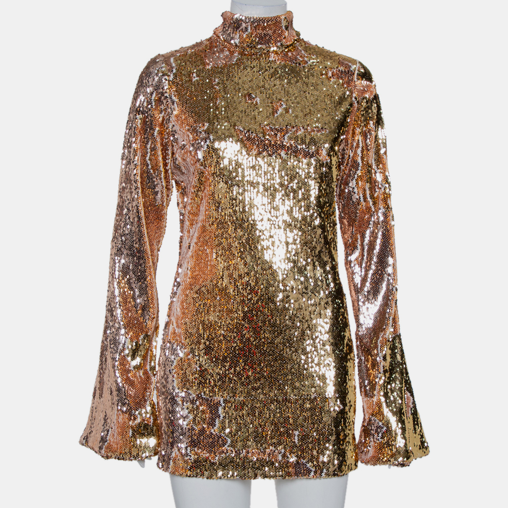 Pre-owned Halpern Gold Sequin Embellished Knit Bell Sleeve Detail Mini Dress S