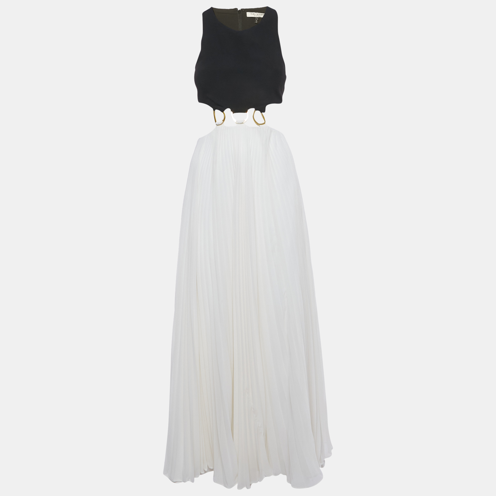 Halston Heritage Black & White Color Block Cutout Plisse Maxi Dress S