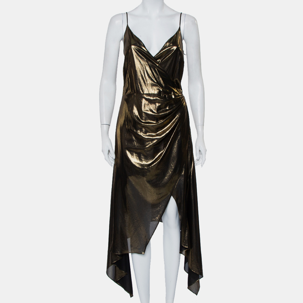 

Haney Metallic Gold Lame' Faux Wrap Asymmetrical Hem Dress