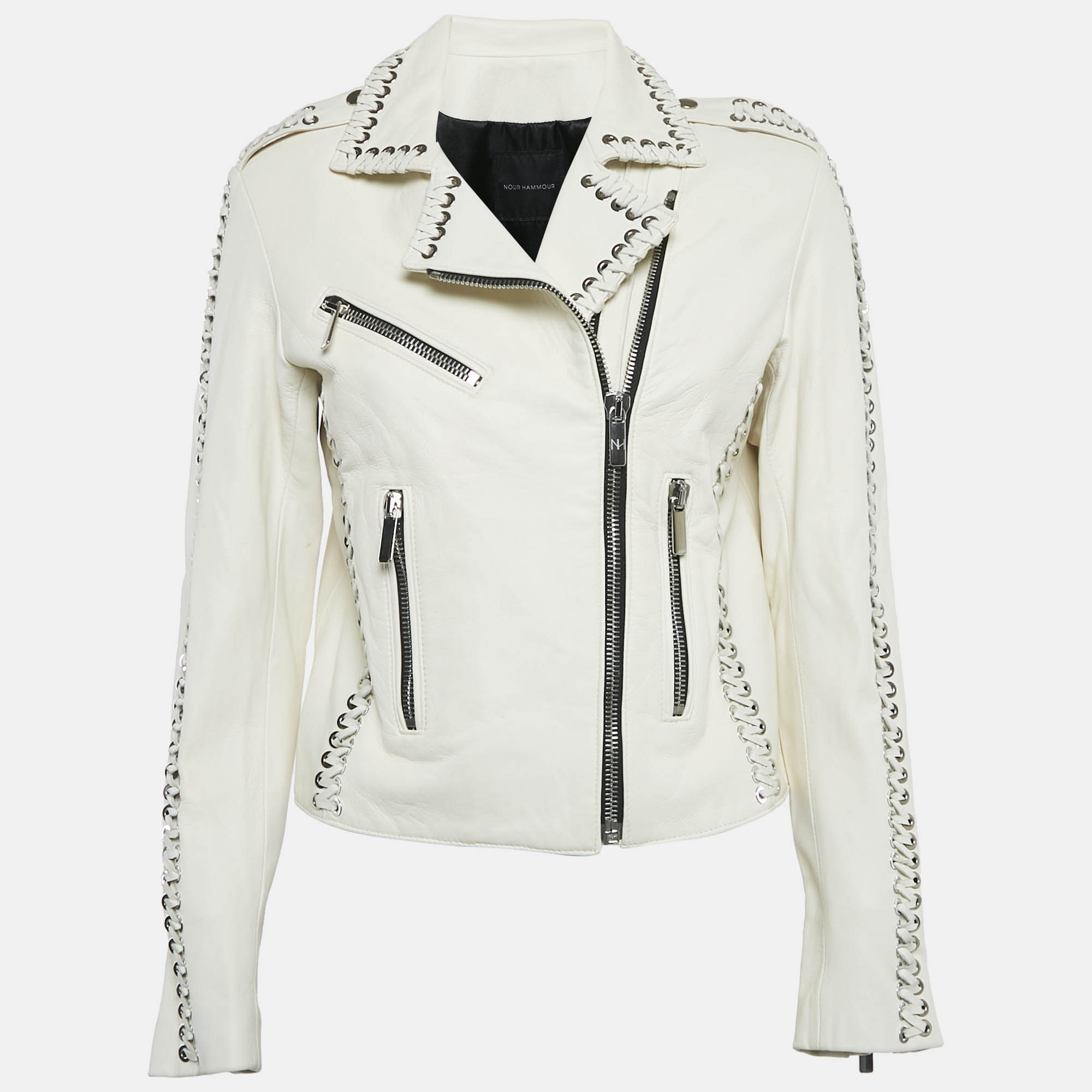 

Nour Hammour White Leather Lace-Up Detail Jacket S