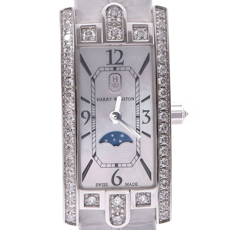 

Harry Winston MOP White Gold Diamond and Leather Avenue C Mini Moon Phase AVCQMP16WW001 Women's Wristwatch