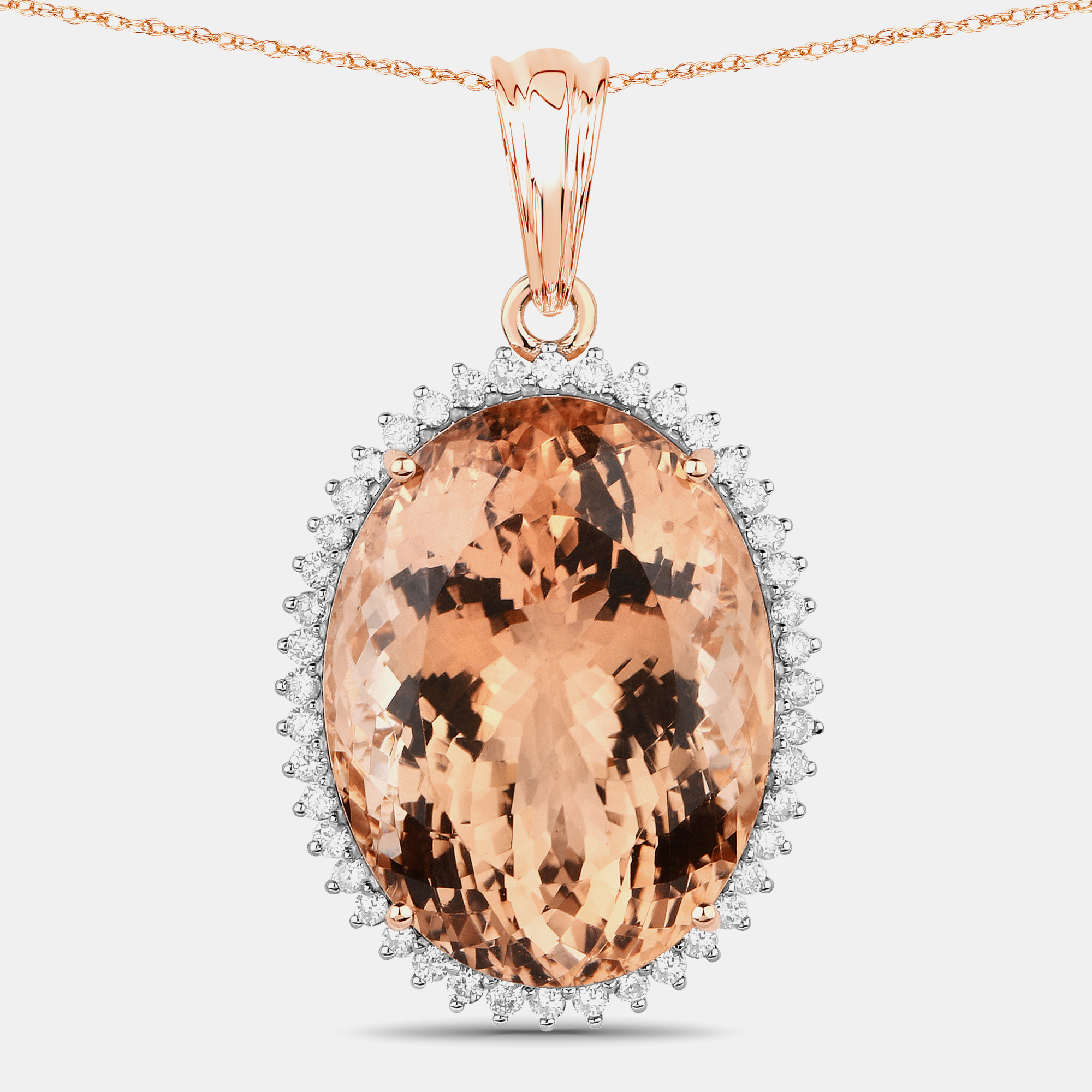 Click to view more detailed imagery on our partner's website Pre-owned Hautefacets 21.57 Cts Morganite And Diamond 14k Rose Gold Halo Pendant