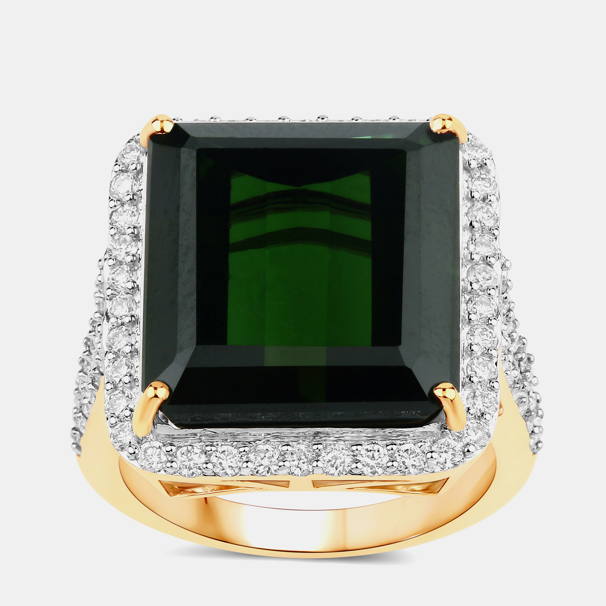 

16.56 cts Green Tourmaline and Diamond 14K Yellow Gold Halo Ring US Size 7