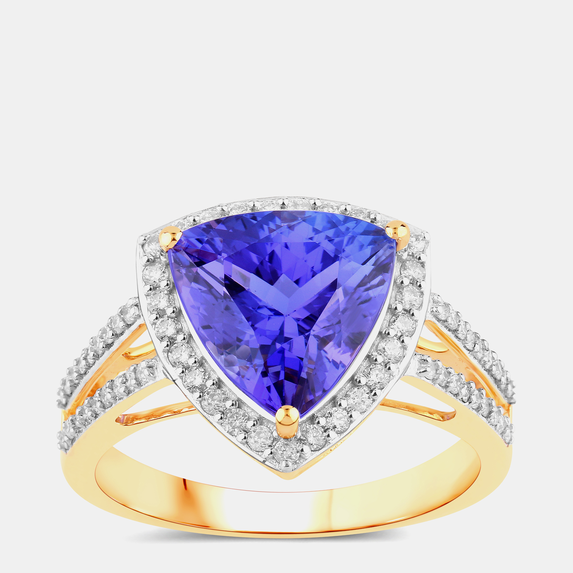 Pre-owned Hautefacets 3.72 Cts Trillion Tanzanite And Round Diamond 14k Yellow Gold Halo Ring Us Size 7