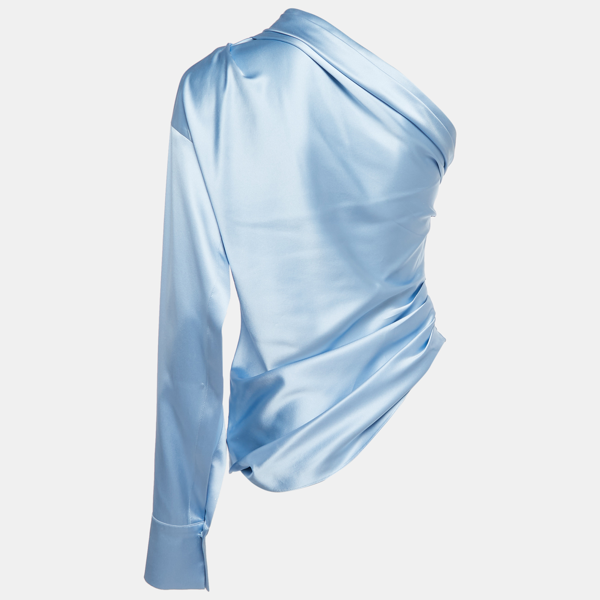 

Hellessey Blue Silk Satin Ruched One Shoulder Paley Top