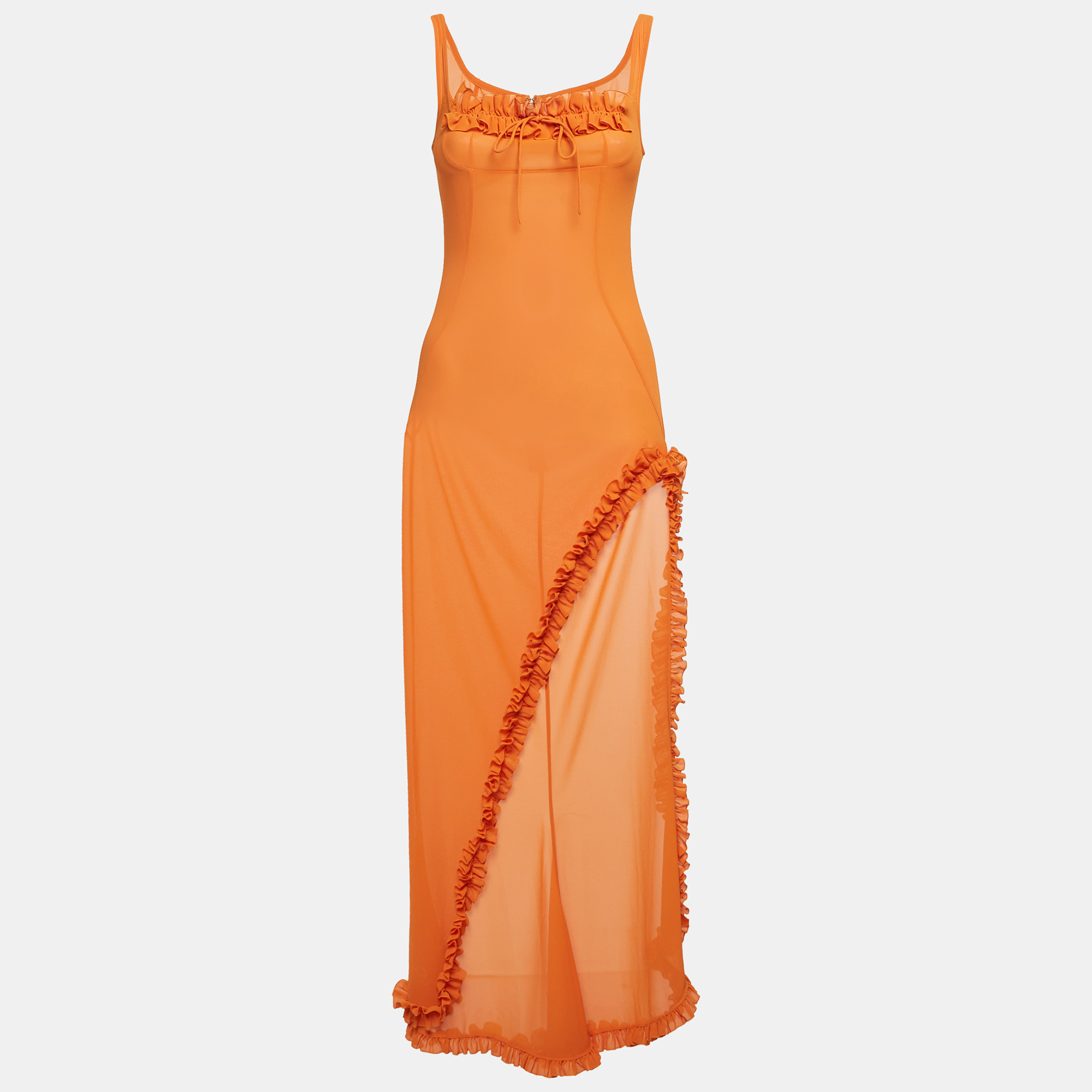 

Helsa Orange Crepe Ruffled Sheer Long Dress XS