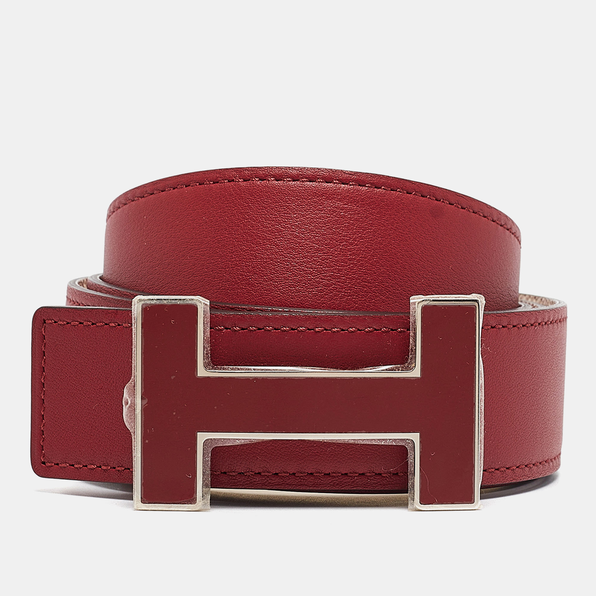 

Hermès Rouge/Beton Swift and Epsom Leather Enamel Quizz H Buckle Belt, Red