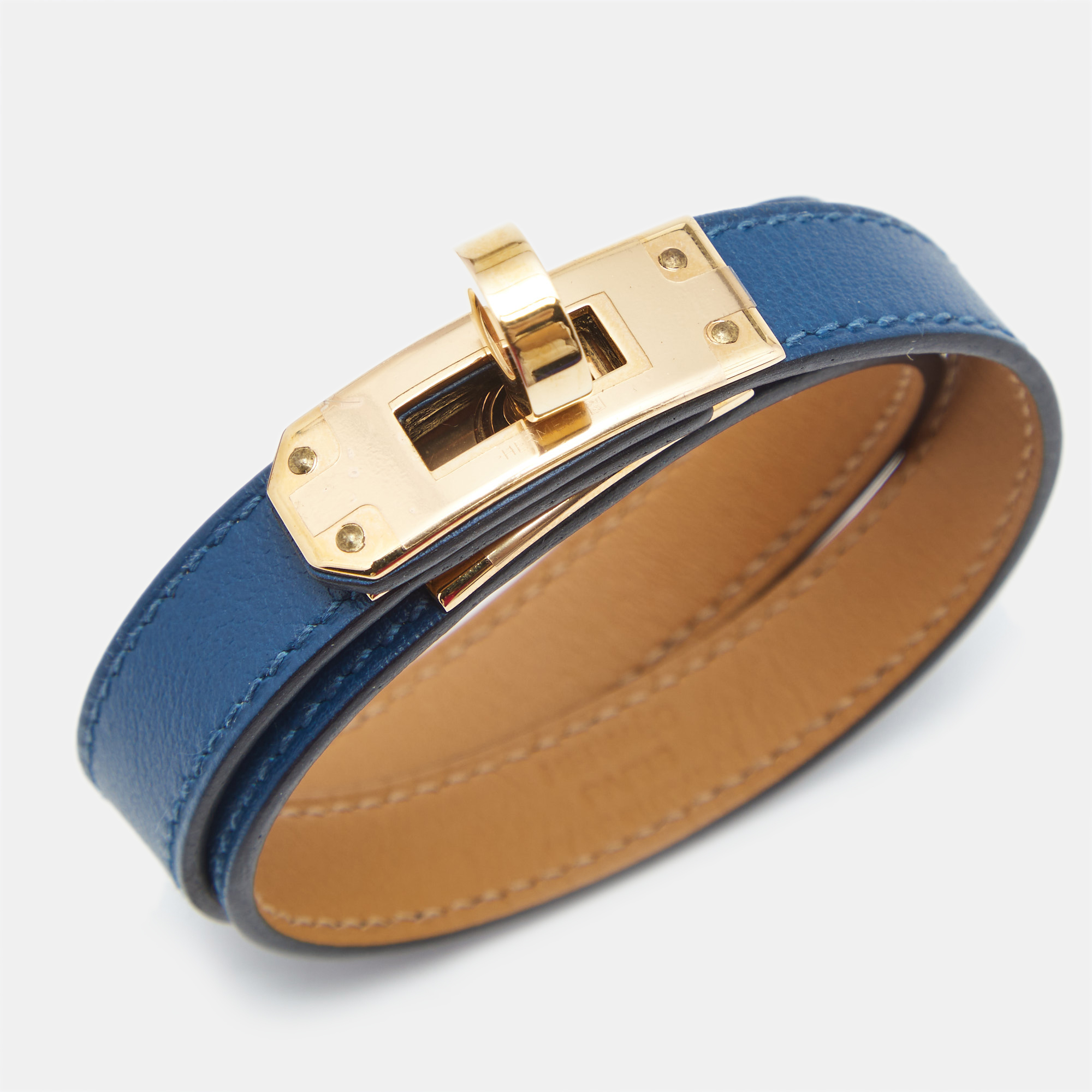 

Hermes Kelly Double Tour Navy Blue Leather Gold Plated Bracelet