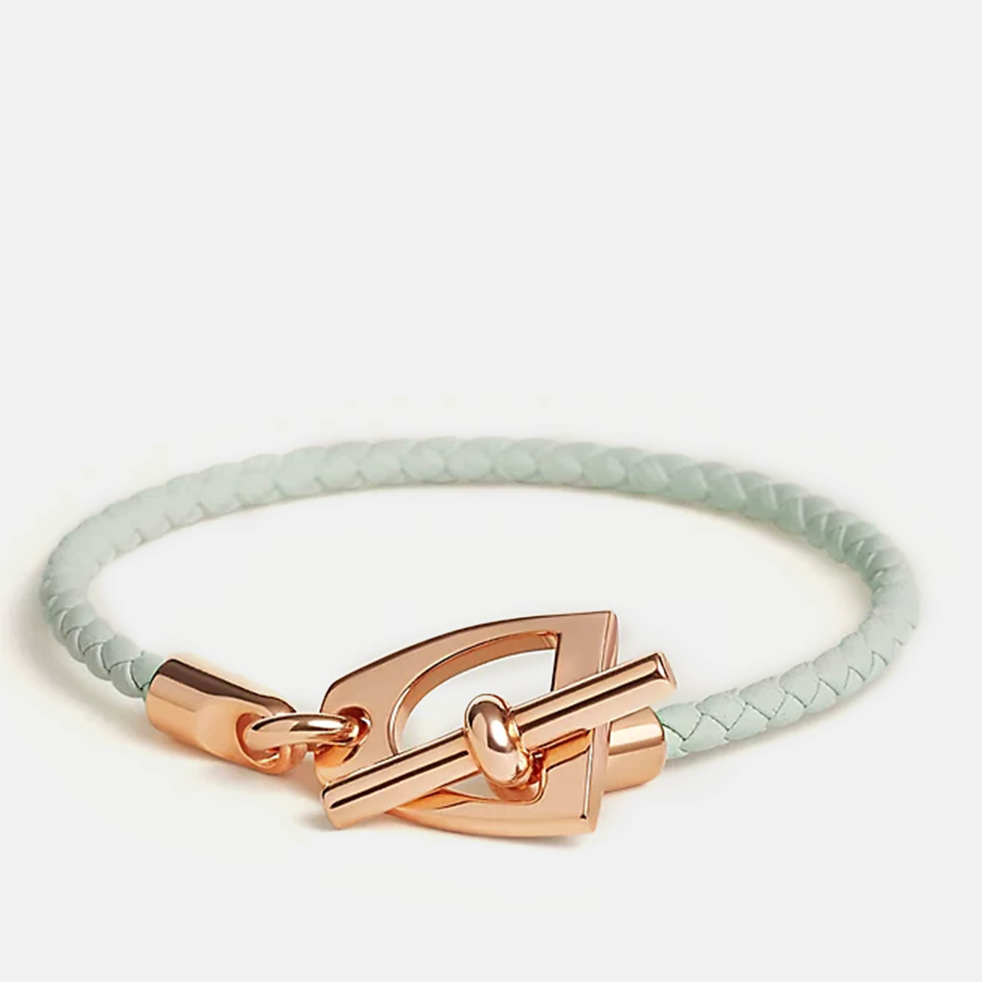 

Hermes Vert Peppermint Swift Leather Rose gold plated Etrier Braided Bracelet Size T2, Green