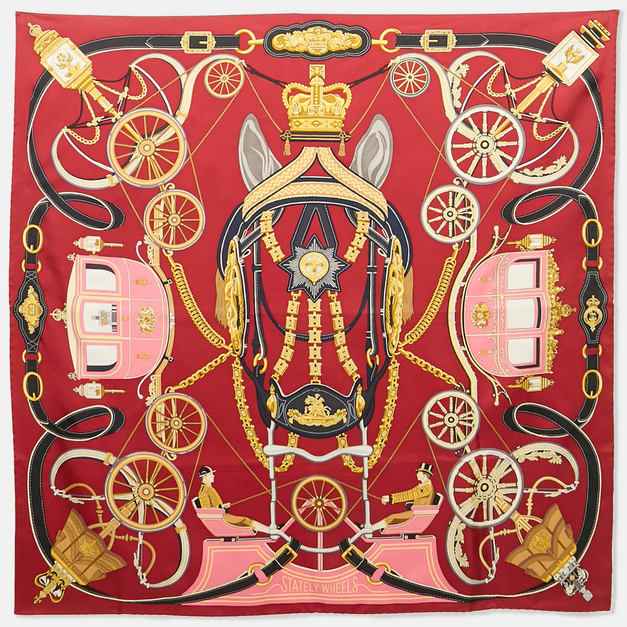 

Hermès Red Silk Stately Wheels scarf 90