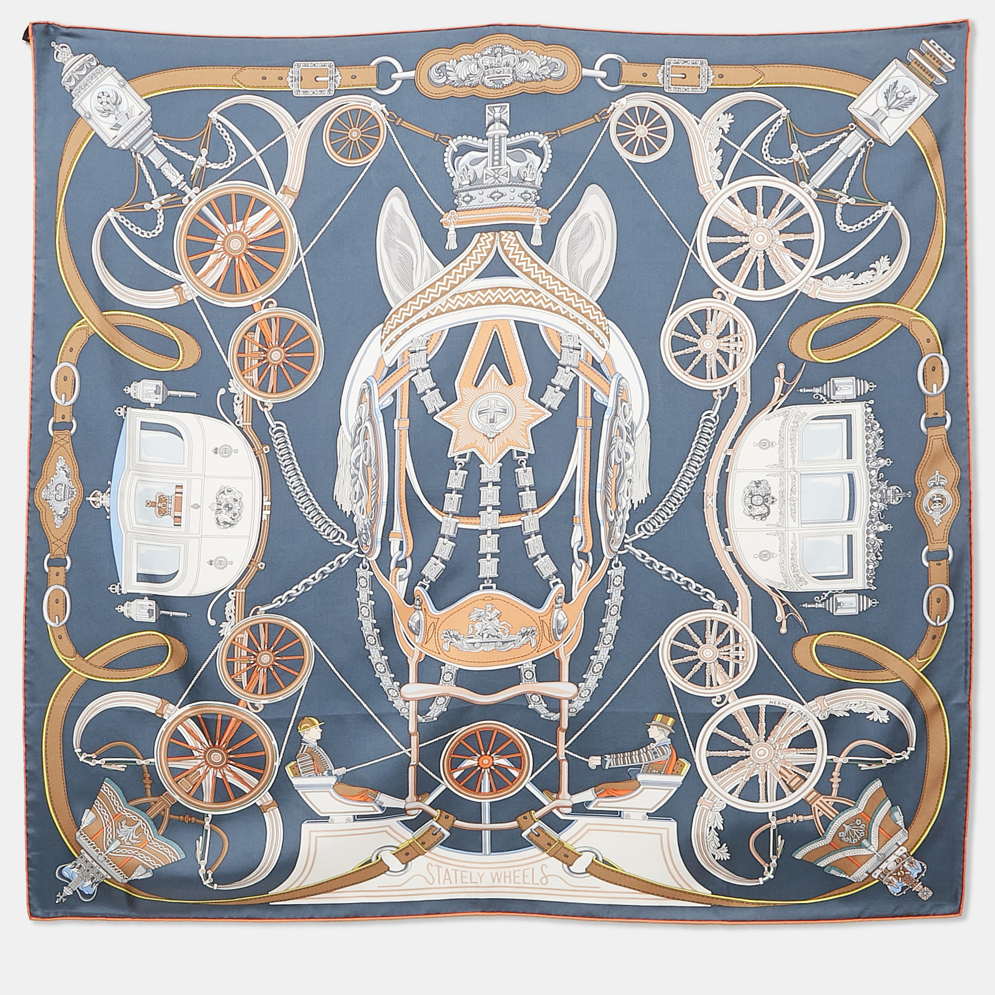 

Hermès Bleu Silk Stately Wheels Scarf, Blue
