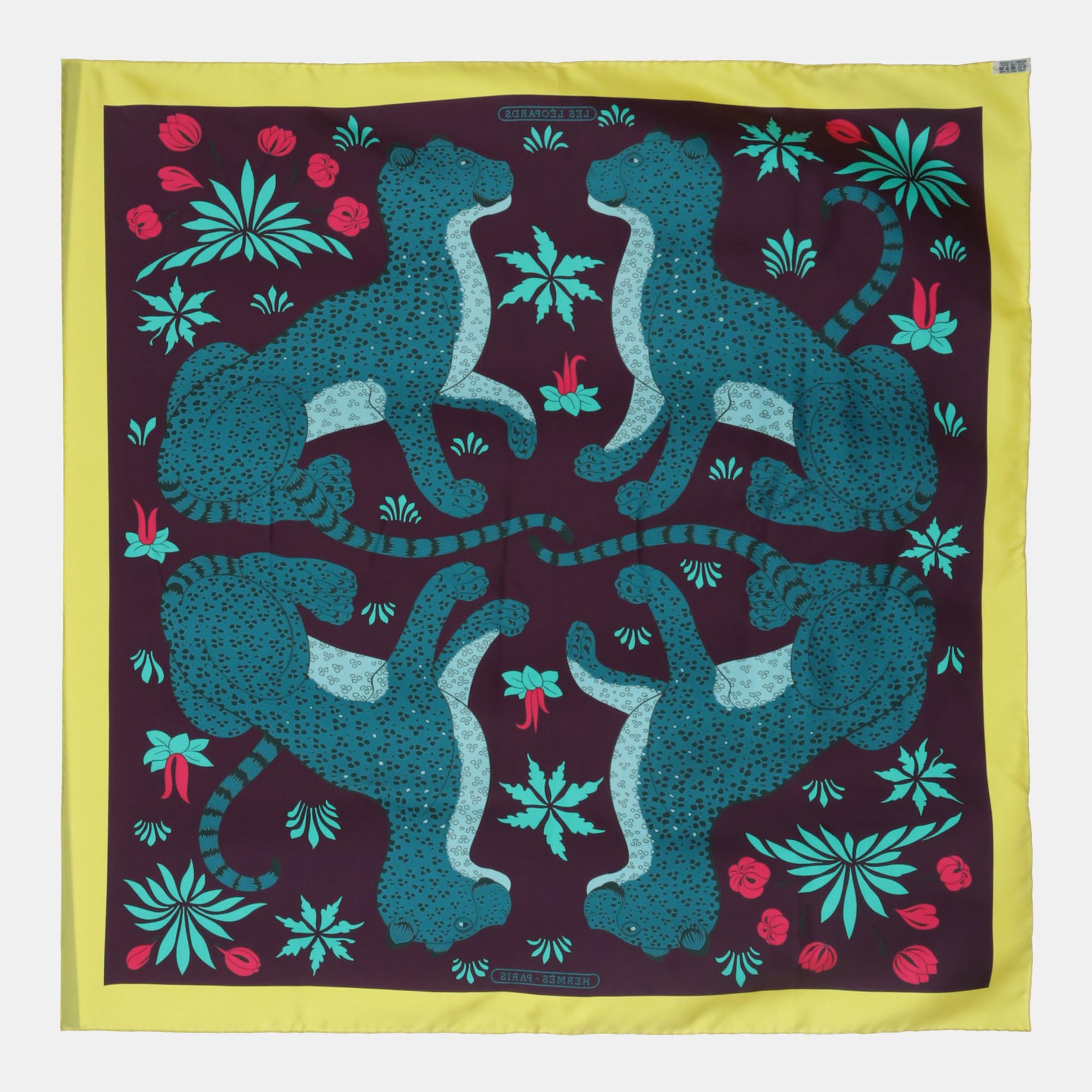 

Hermes Multicolor Silk 'Les Leopards' Printed Silk Scarf 90