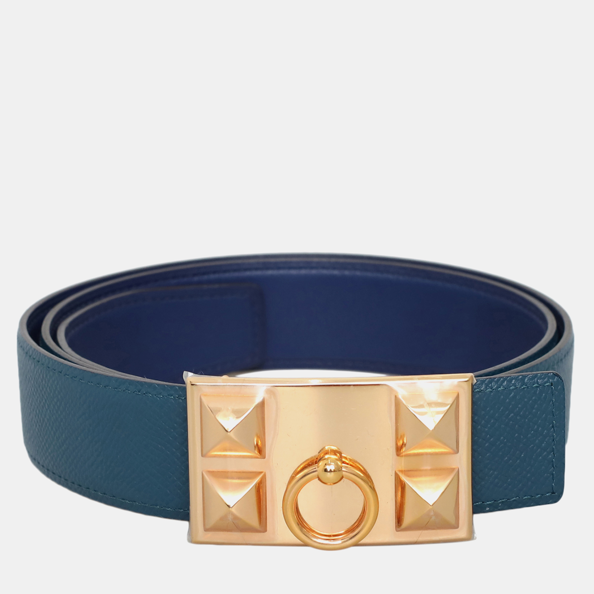 

Hermes Reversible Leather Belt  With Collider de Chien Buckle, Blue