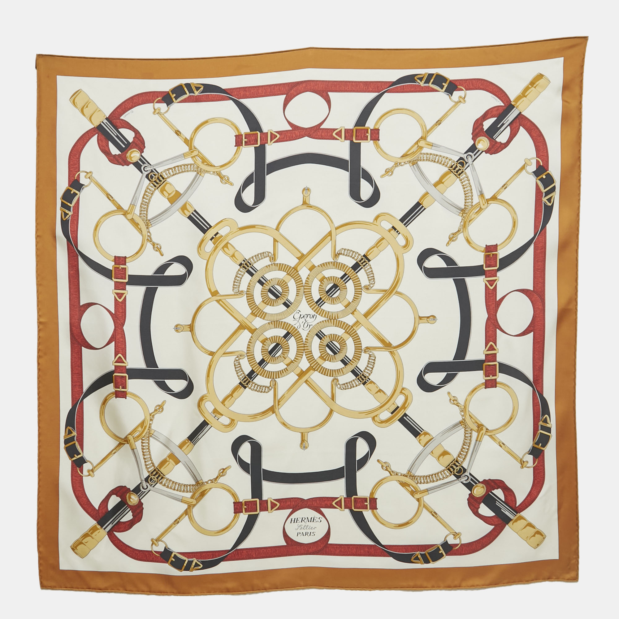 

Hermès Caramel Brown/Off-White Eperon D'Or Print Silk Square Scarf