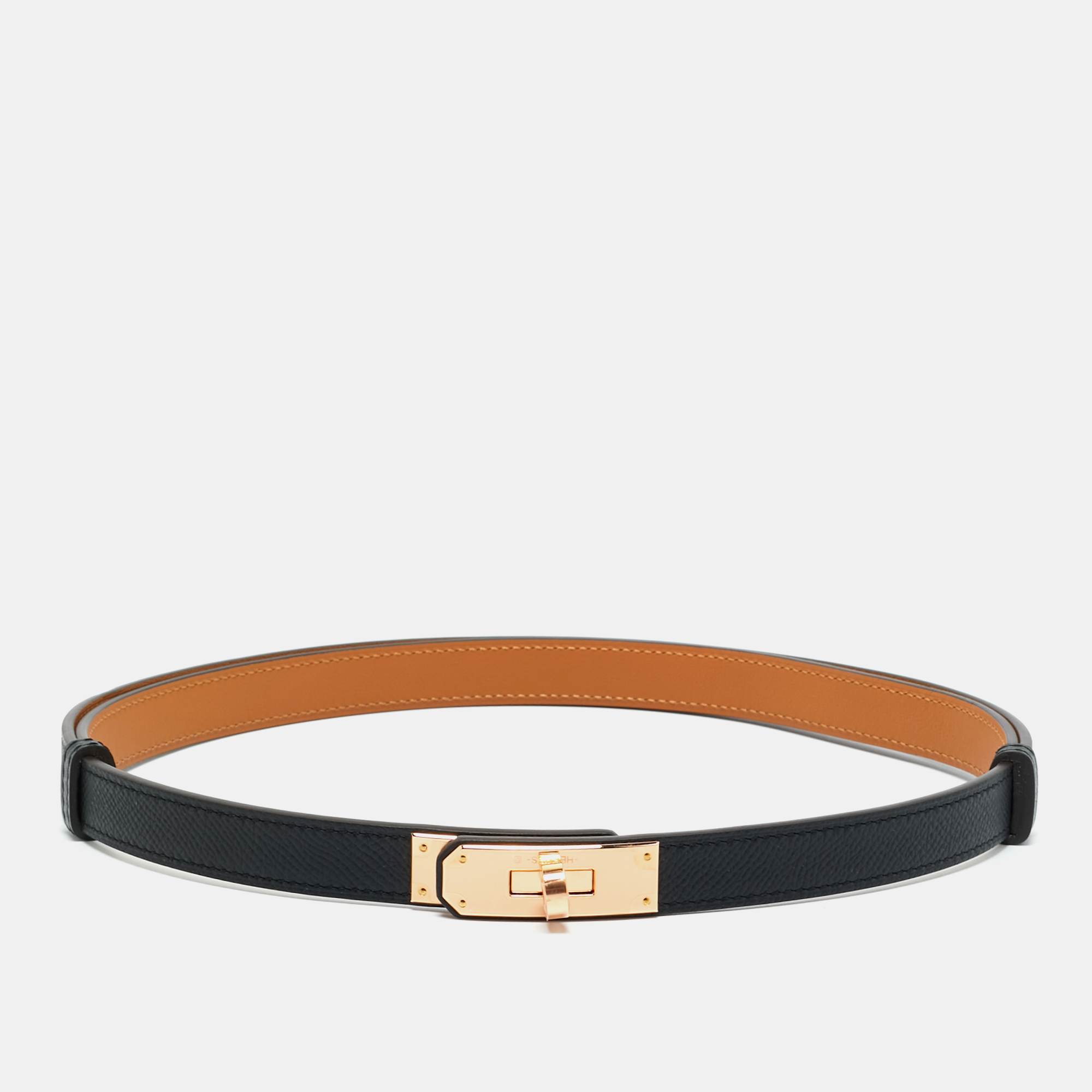 

Hermès Noir Epsom Leather Rose Gold Finish Kelly 18 Adjustable Belt, Black