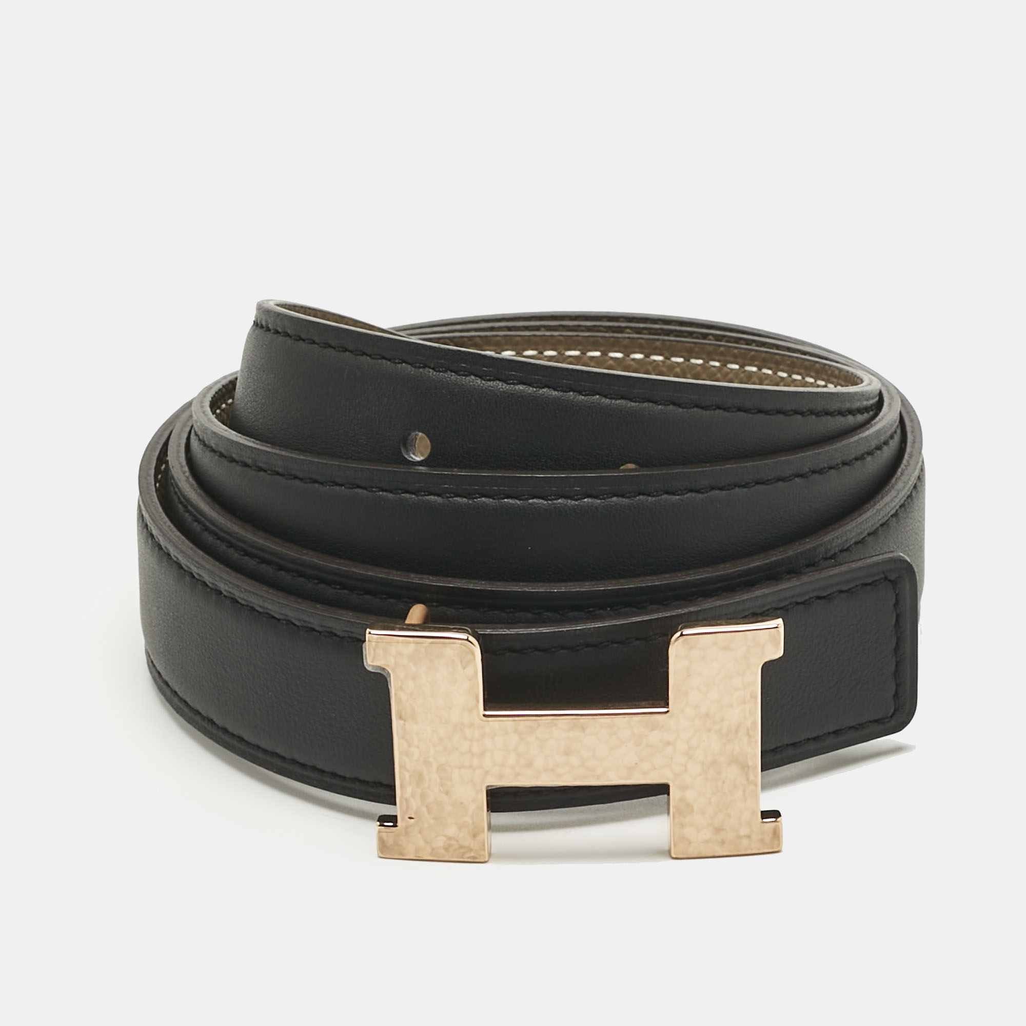 Pre-owned Hermes Etoupe/noir Epsom And Swift Leather H Martelee Buckle Reversible Belt 85 Cm In Gray