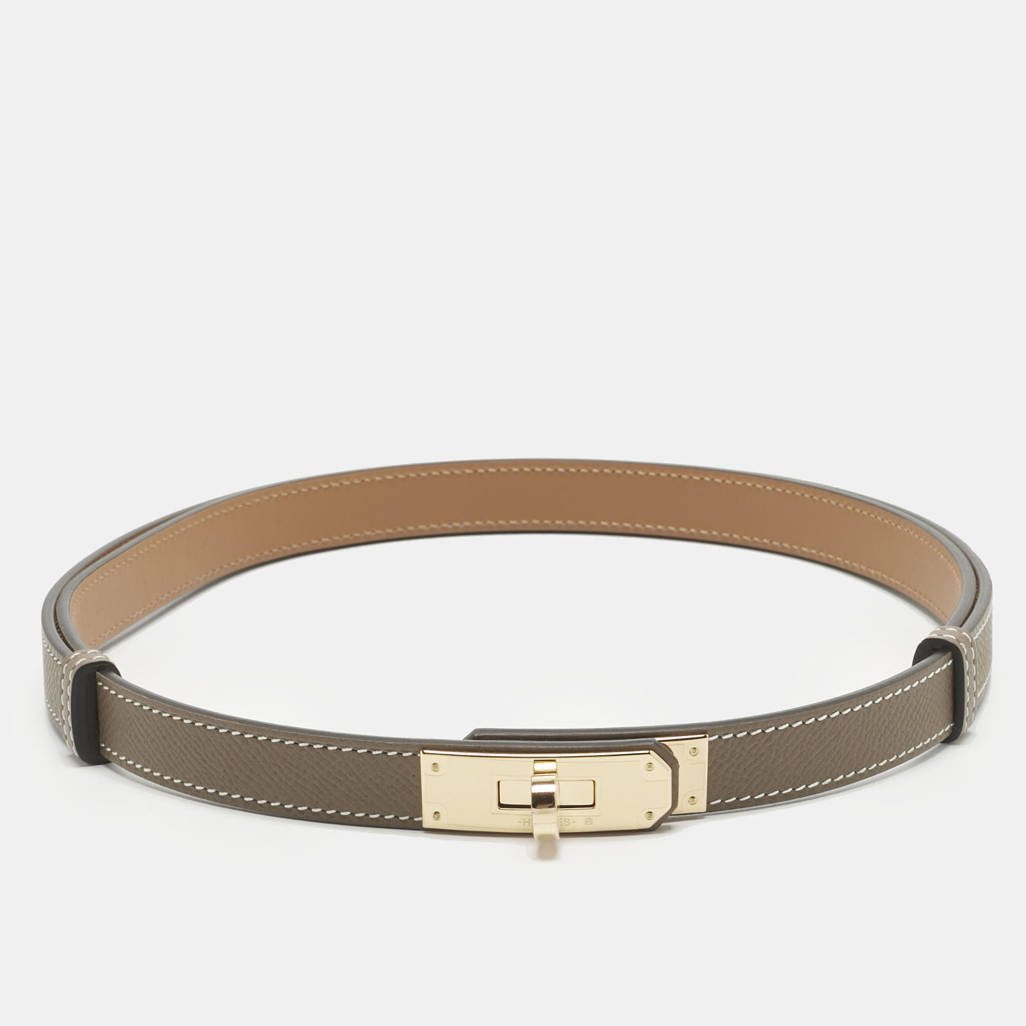 

Hermes Etoupe Epsom Leather Gold Finish Kelly 18 Adjustable Belt, Grey