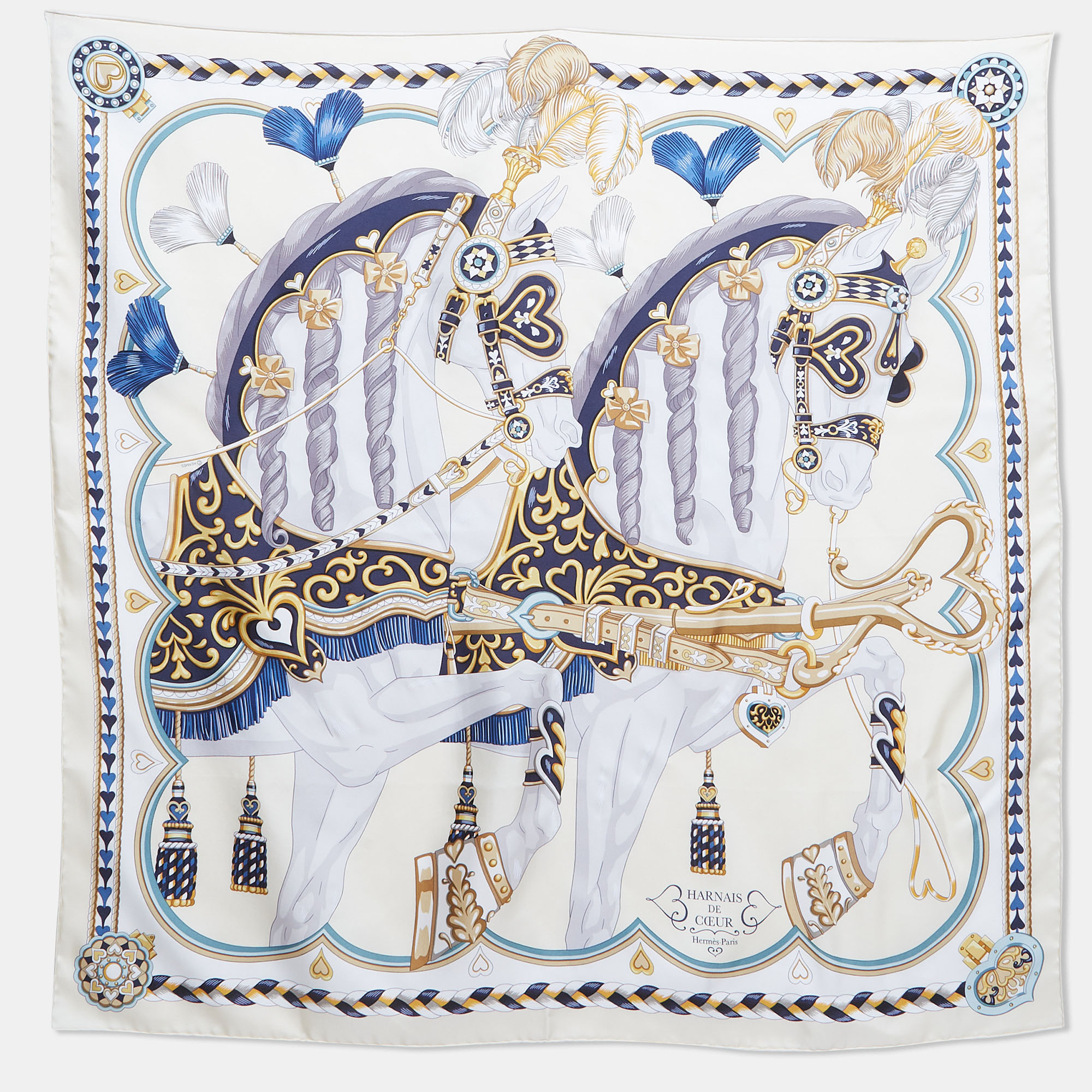 

Hermès Cream Harnais De Coeur Silk Scarf