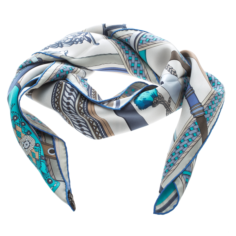 Pre Owned Hermes Beige and Blue Concours D'Etriers Printed Silk Square Scarf
