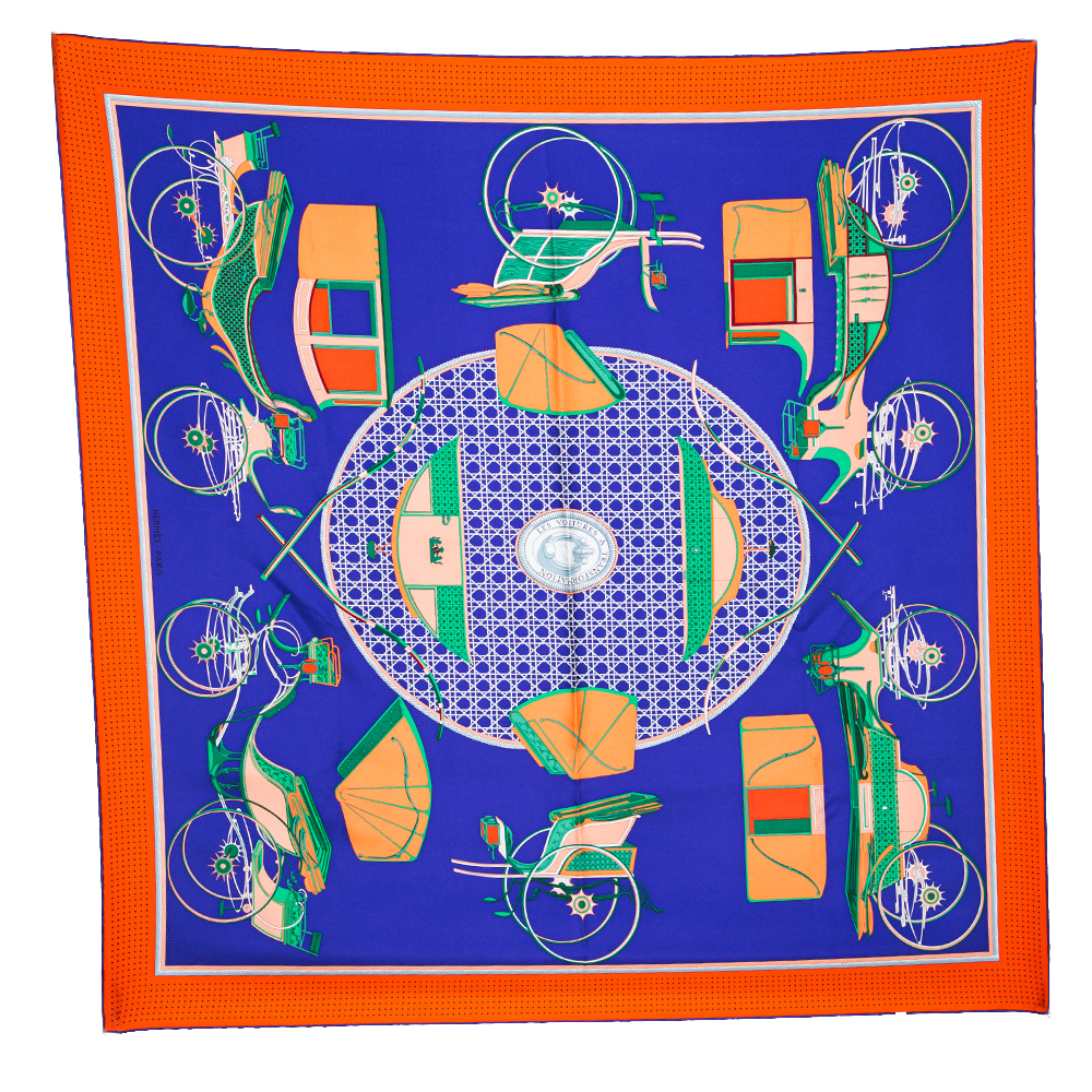 

Hermes Violet & Orange Transformation Cars Silk Twill Square Scarf, Purple