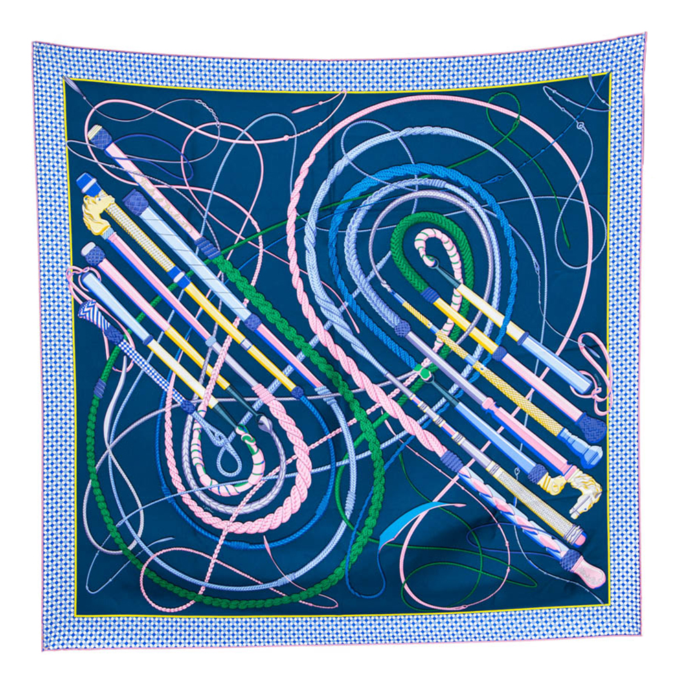 

Hermes Blue Fouet et Badine Silk Twill Square Scarf