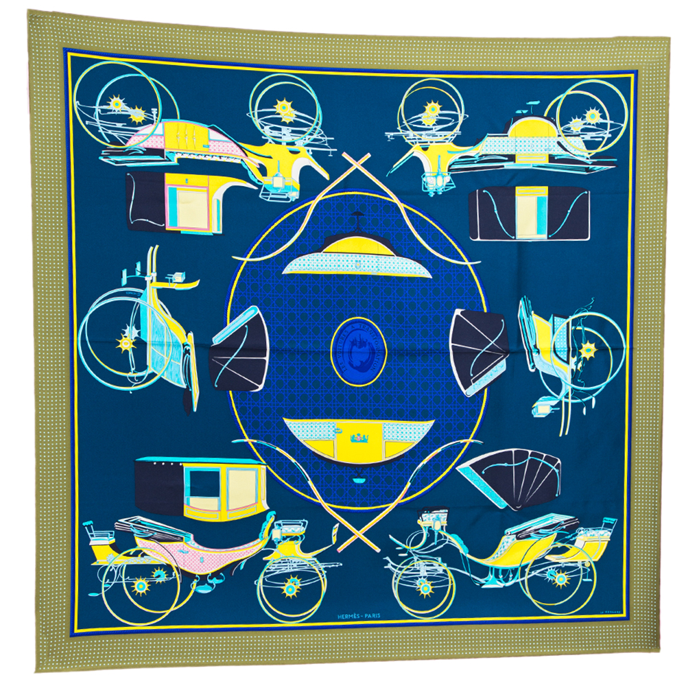 

Hermes Navy Blue & Olive Transformation Cars Silk Twill Square Scarf