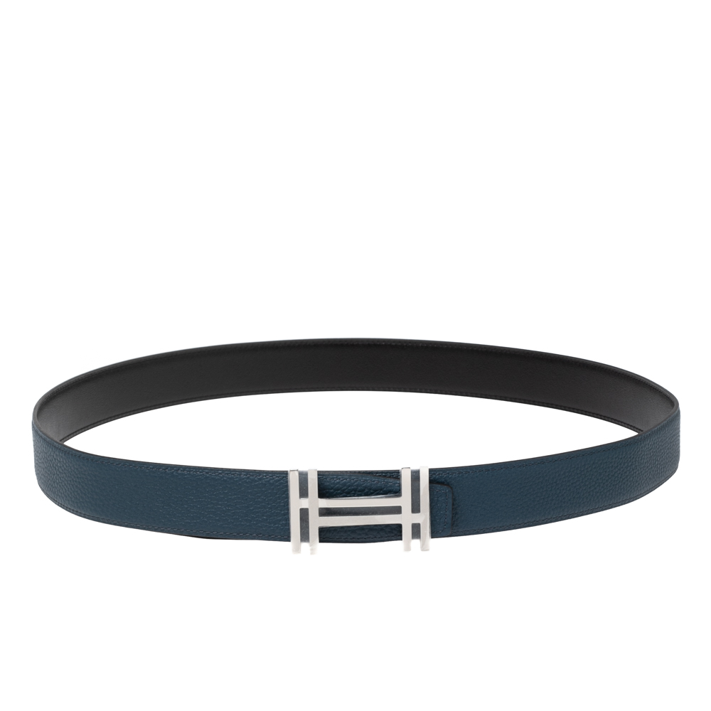 

Hermes Noir/Bleu De Prusse Chamonix and Togo Leather H Au Carre Reversible Belt, Black